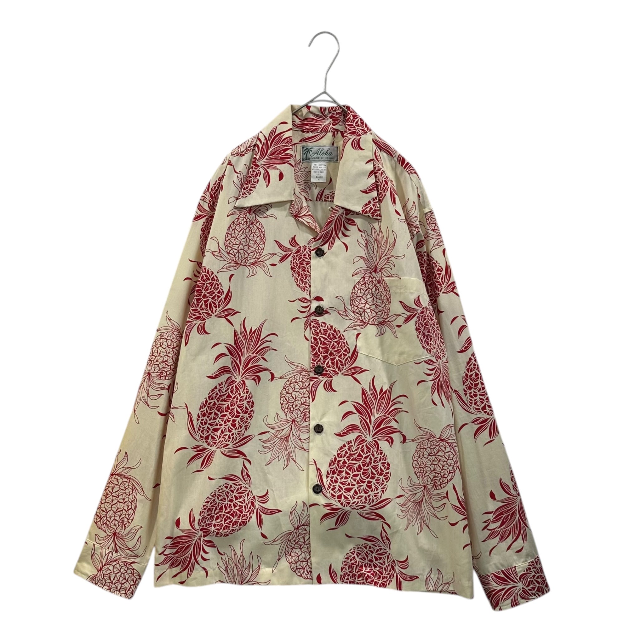 Aloha(アロハ) 70~80's Pineapple-Print L/S Hawaiian Shirt 70~80年代 パイナップル プリント 長袖 ハワイアン シャツ AN-112215 M アイボリー×レッド