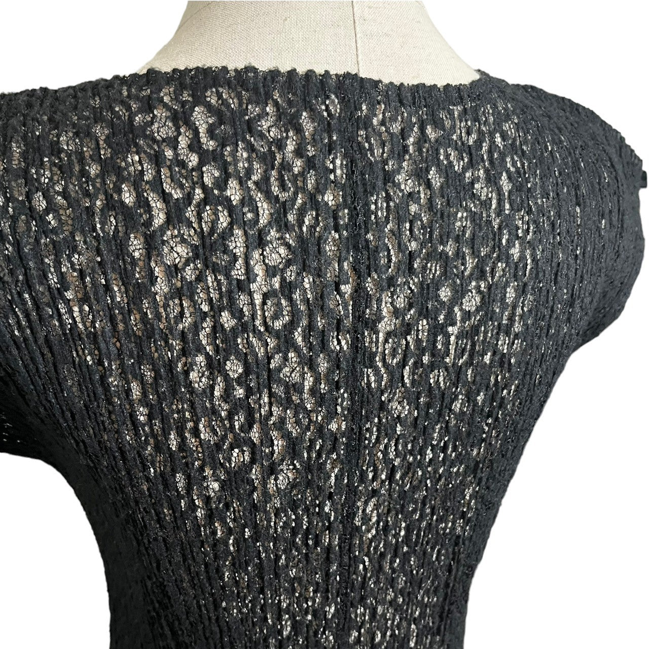 PLEATS PLEASE(プリーツプリーズ) 15AW Lace pleated dress 総レース プリーツ ワンピース PP53-JK754 3(L程度) ブラック V オープン ネック メッシュ ノースリーブ ドレス
