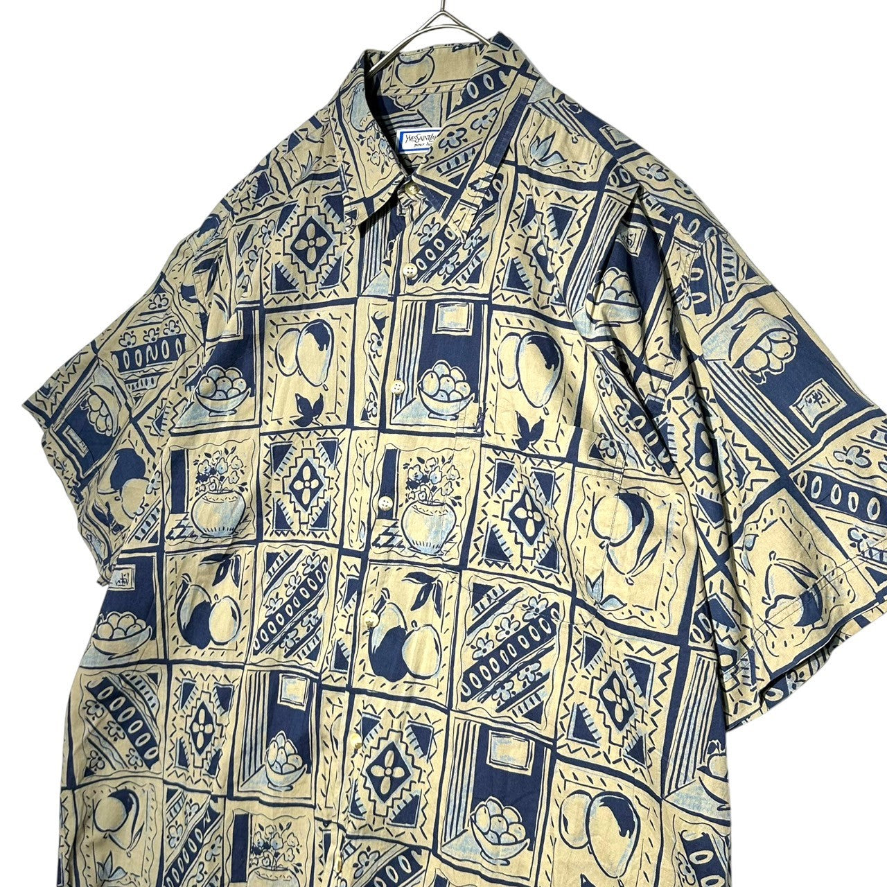 YVES SAINT LAURENT(イヴサンローラン) 90's all-over pattern S/S shirt 総柄 半袖 シャツ 4 ベージュ×ブルー