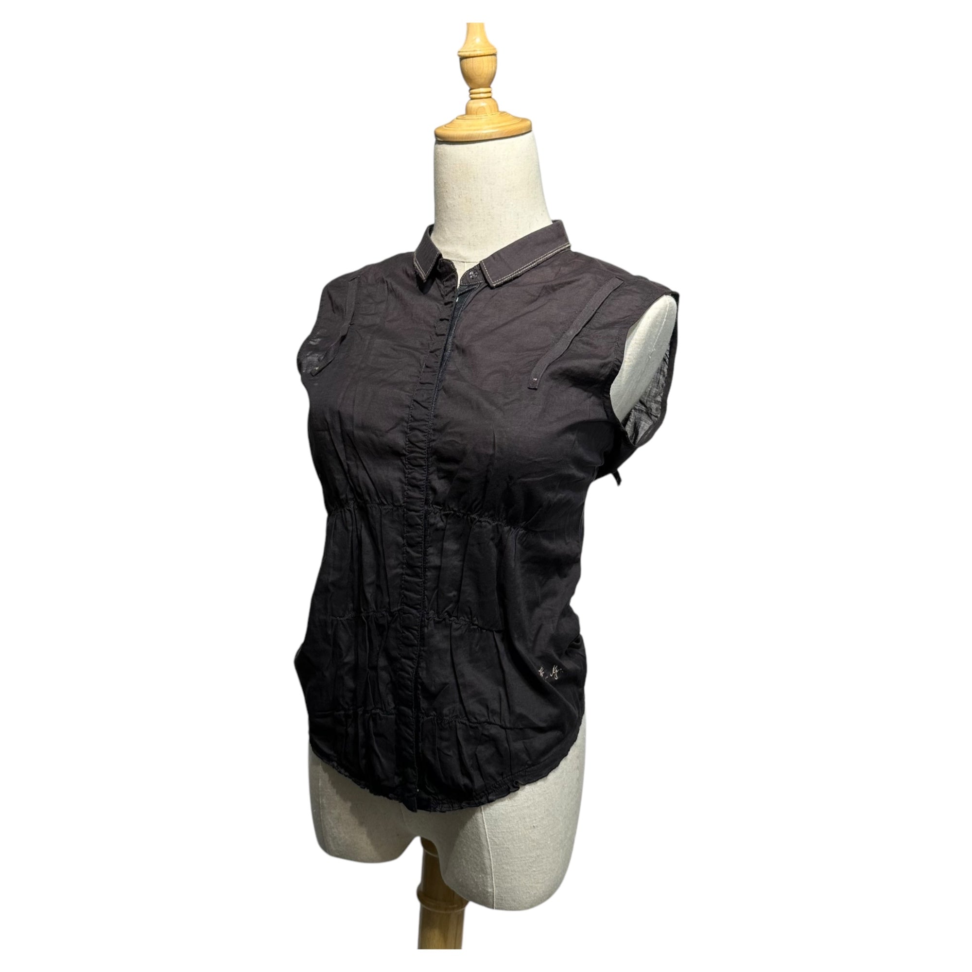MARITHE FRANCOIS GIRBAUD(マリテフランソワジルボー) 00's Gathered Sheer N/S Blouse ギャザー シアー ノースリーブ ブラウス F6-5983 M ブラウン Y2K