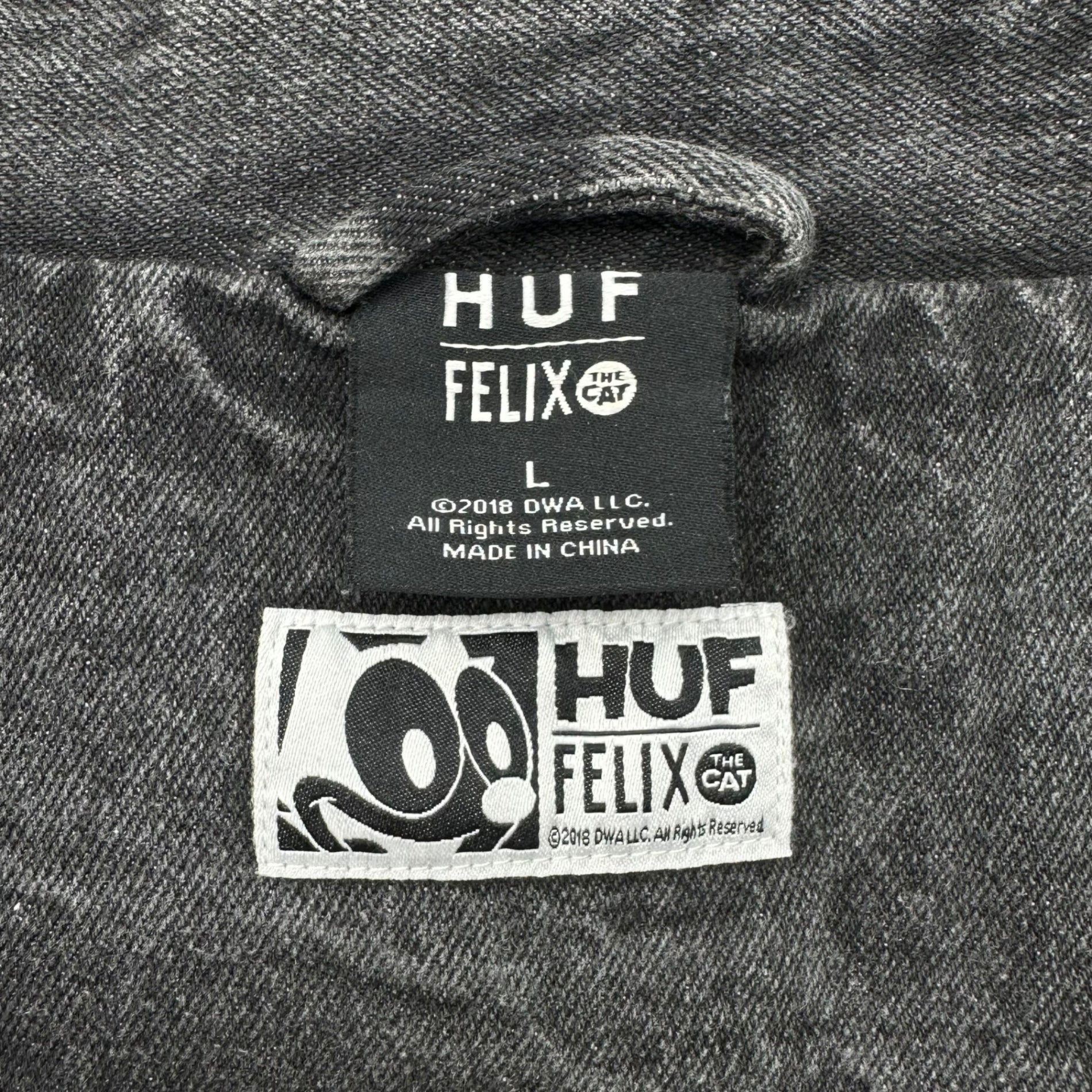 HUF(ハフ) FELIX logo black denim coach jacket フェリックス ロゴ ブラックデニム コーチ ジャケット L ブラック