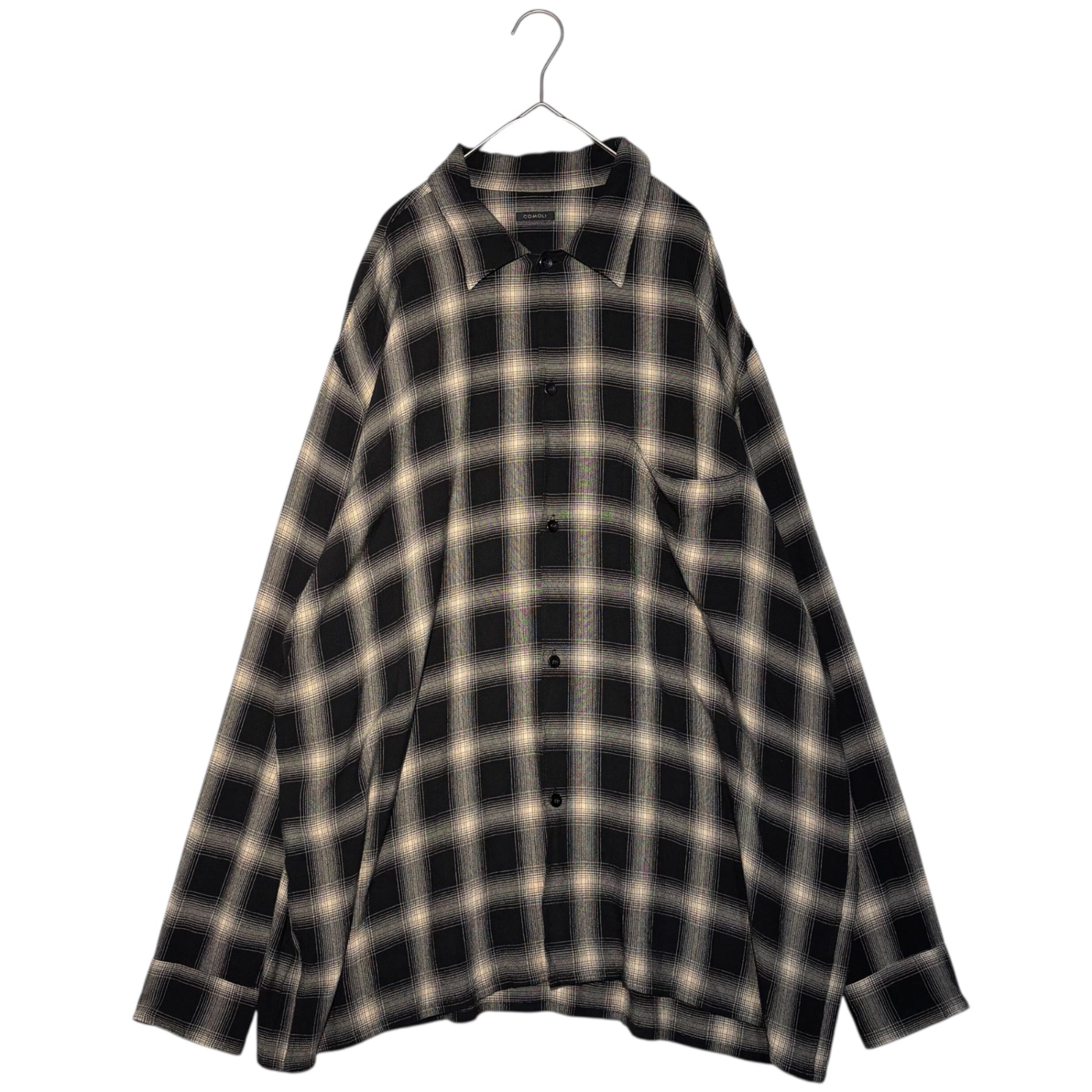 COMOLI(コモリ) 23SS RAYON CHECK OPEN COLLAR SHIRT レーヨン チェック オープンカラー シャツ X01-02008 4 ブラック オンブレ