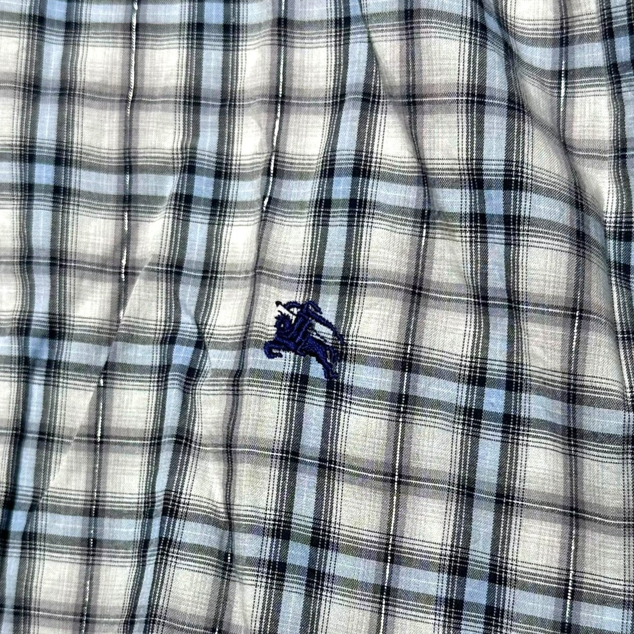 BURBERRY BLACK LABEL(バーバリーブラックレーベル) Tartan Check Horse Logo Embroidered Western Shirt タータンチェック ホース ロゴ 刺繍 長袖 ウエスタン シャツ BMW89-406-23 3 グレー×スカイブルー