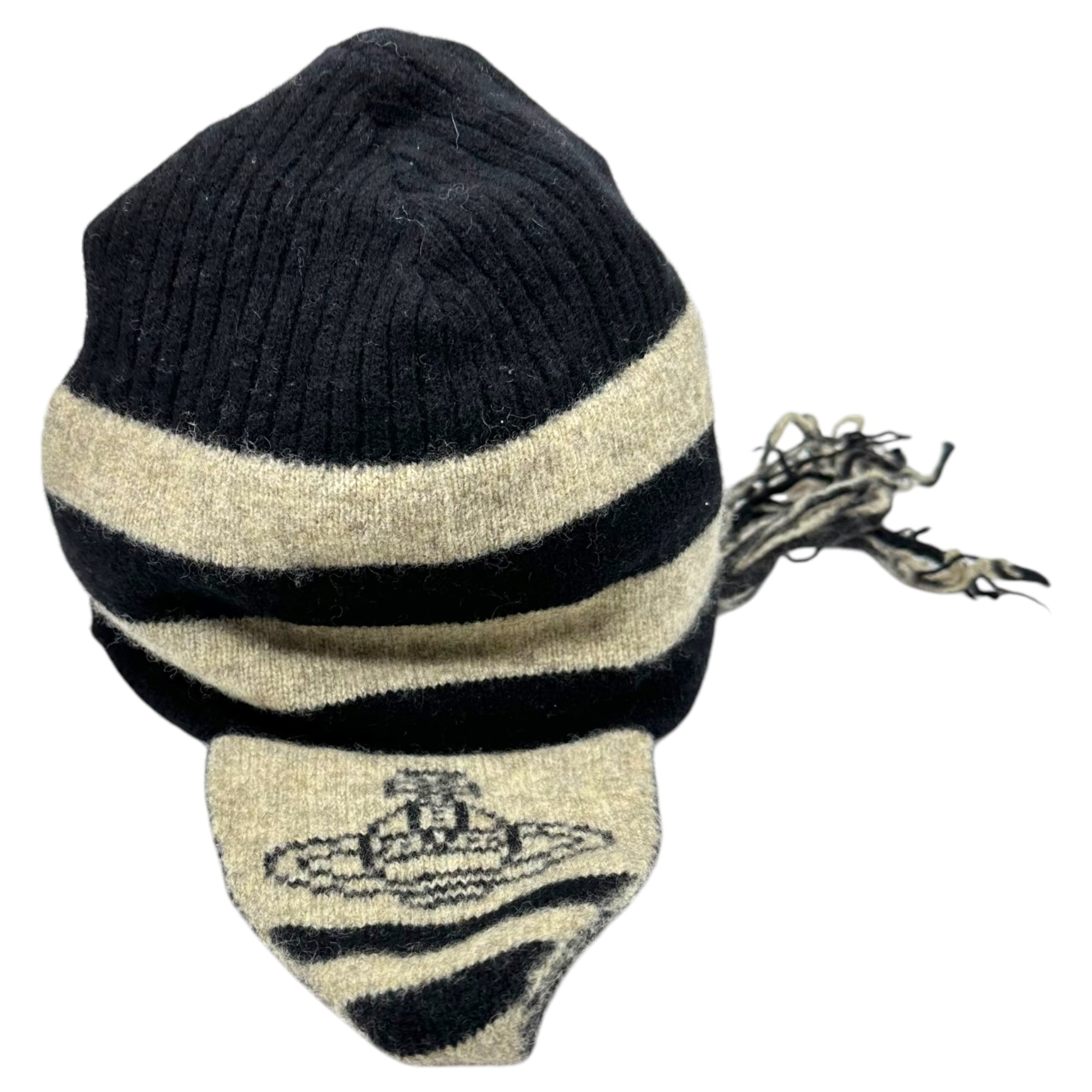 Vivienne Westwood ACCESSORIES(ヴィヴィアンウエストウッドアクセサリー) 00's knit hat with ear flaps 耳当て付き ニット帽 ブラック×グレー ムーンバットタグ Y2K ビーニー