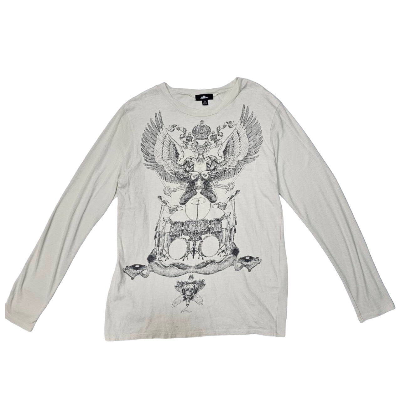 LAD MUSICIAN(ラッドミュージシャン) 初期 フェニックスドラムグラフィック袖切替長袖カットソー/Tシャツ/鳥/王冠 44(Sサイズ程度) ホワイト 初期タグ