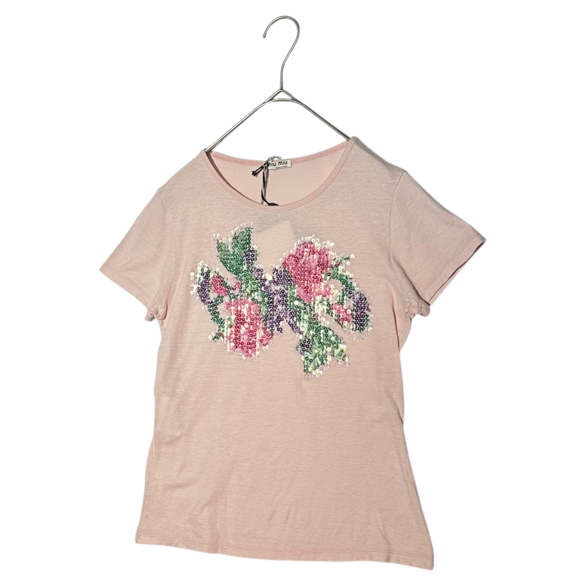 miu miu(ミュウミュウ) Sequin Flower Crew Neck T-Shirt スパンコール 花 クルーネック Tシャツ MJM239 M ピンク