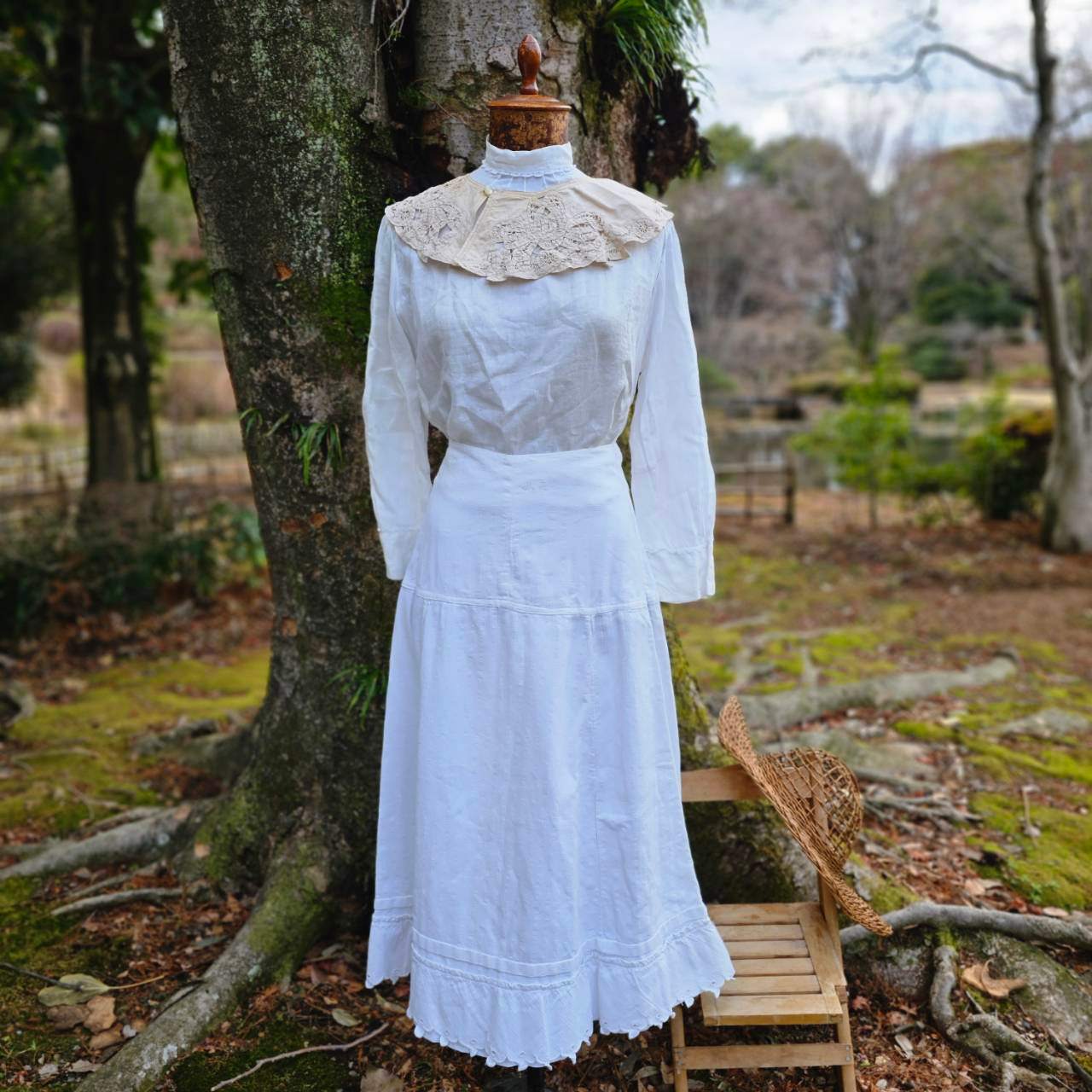 Euro vintage(ヨーロッパヴィンテージ) cottonlinen batten lace collar コットンリネンのバテンレースのつけ襟 未使用に近い/後染め加工 ベージュ