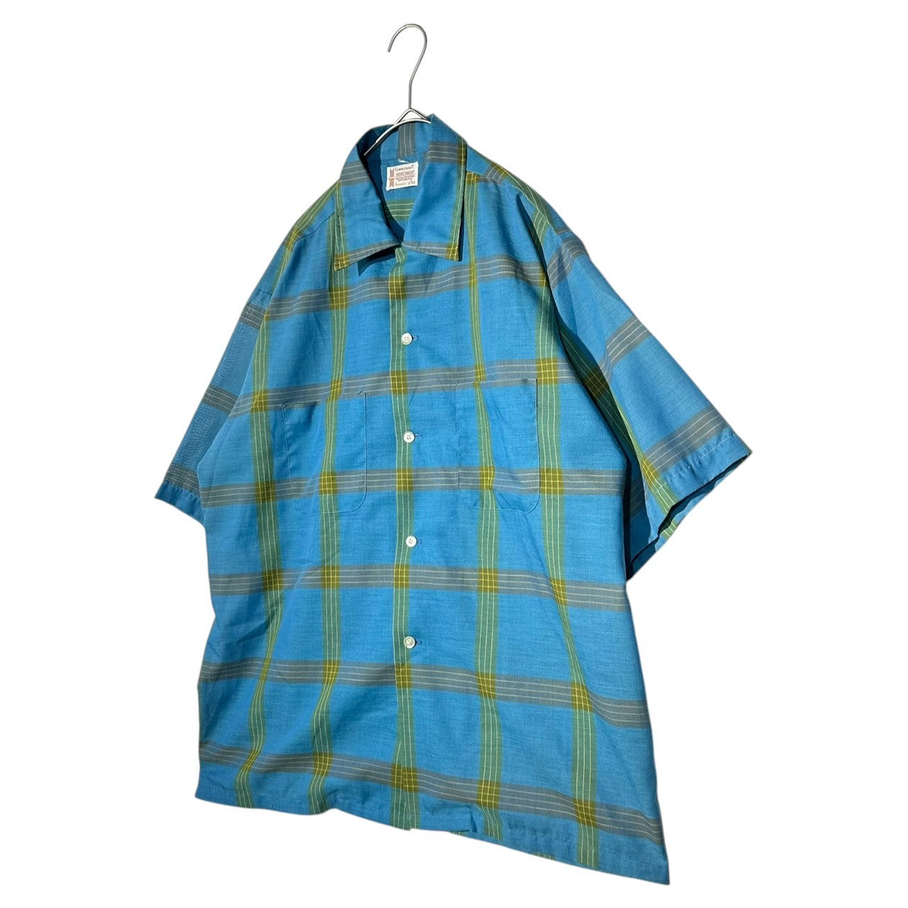 TOWNCRAFT(タウンクラフト) 60's~70's Vintage Open Collar Check Shirt ヴィンテージ オープンカラー チェック シャツ L ブルー×イエロー 60年代~70年代 JC Penneys