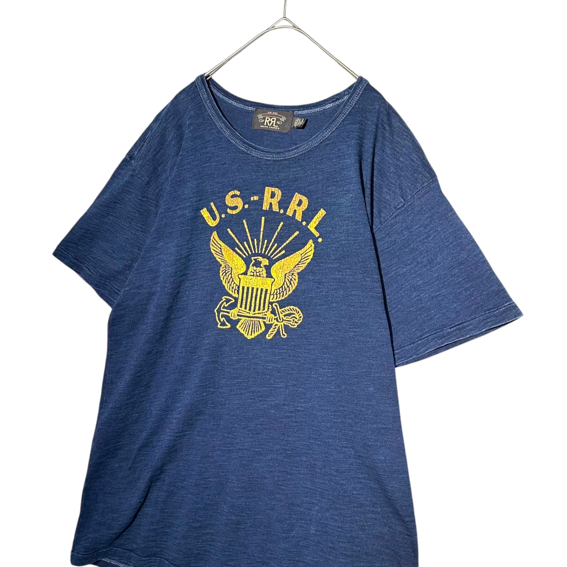 RRL(ダブルアールエル) Indigo Dyed Front Print Crew Neck T-Shirt インディゴ染め フロント プリント クルーネック Tシャツ NAVYプリント L インディゴ×イエロー 品質表示タグ切取