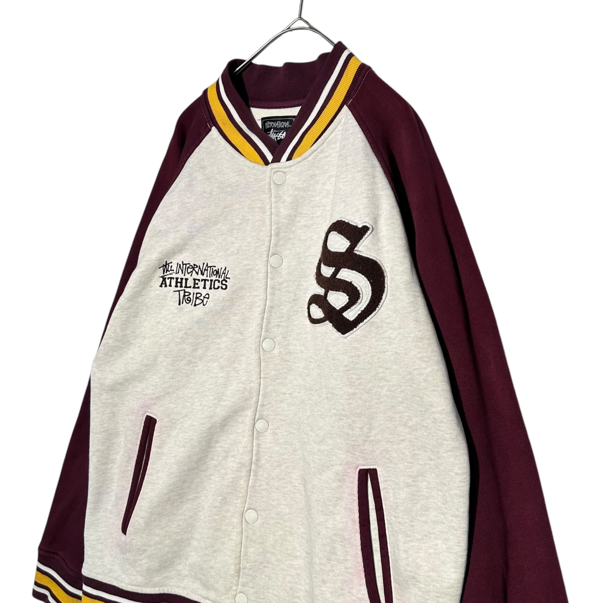 STUSSY(ステューシー) Cotton Sweatshirt Stadium Jacket コットン スウェット スタジアム ジャケット L ホワイト×ボルドー THE INTERNATIONAL ATHLETICS スタジャン