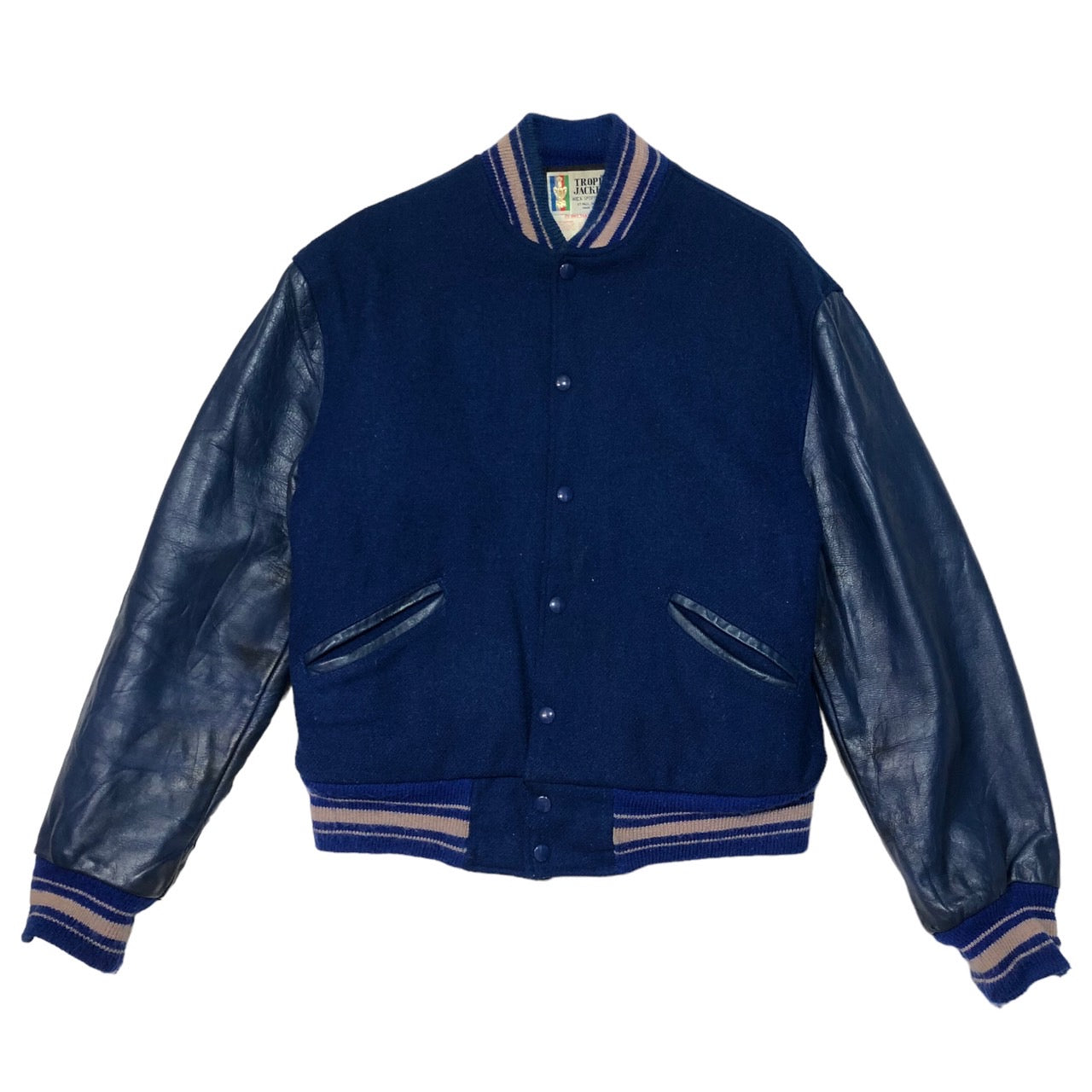 TROPHY JACKETS (トロフィージャケット) 80's~90's ヴィンテージ袖レザースタジャン/ジャケット/ブルゾン Mサイズ程度 ダークネイビー×ブルー USA製/80年代~90年代