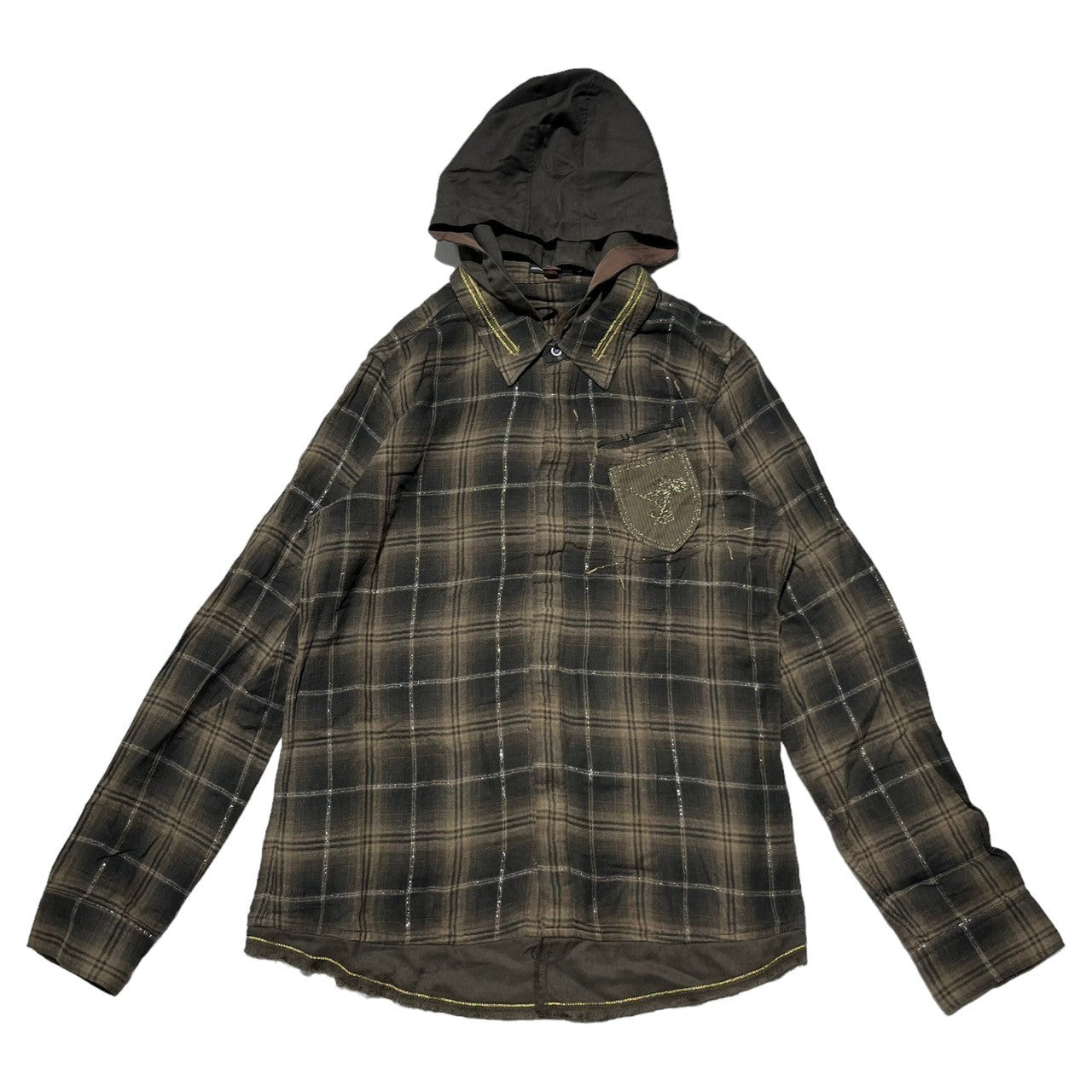 MARITHE FRANCOIS GIRBAUD(マリテフランソワジルボー) 00’sフーデットチェックネルシャツ/フード着脱可/ドッキング/リメイク加工 M7-5207 L ブラック×ブラウン Y2K