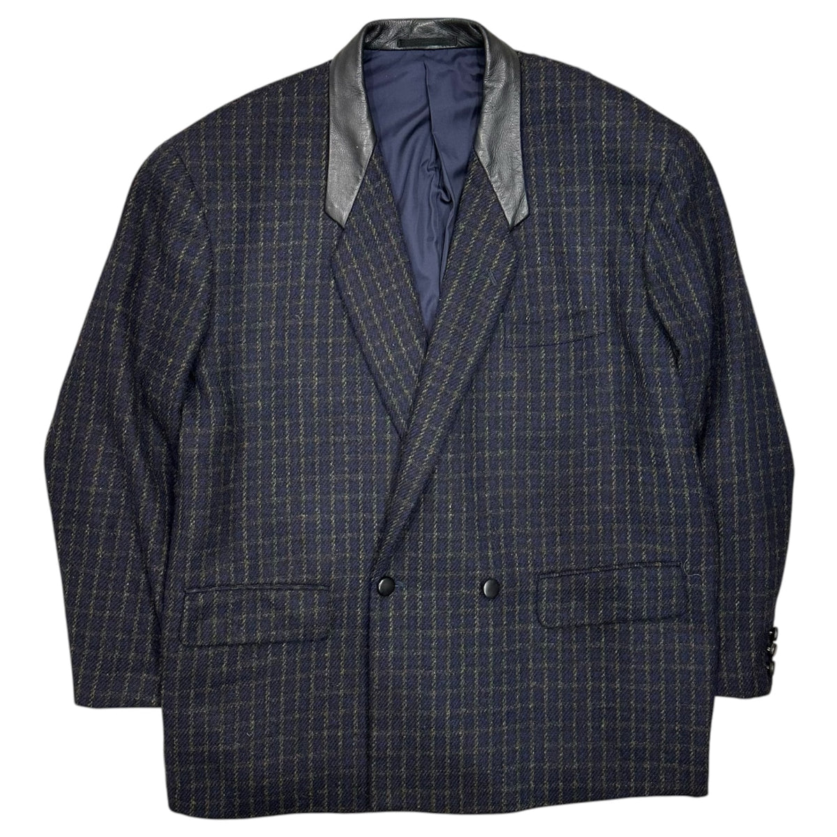 COMME des GARCONS HOMME PLUS(コムデギャルソンオムプリュス) 1984's~1988's Double-breasted Leather Collar Tartan Tweed Blazer 襟レザー タータンチェック ツイード ダブル テーラード ジャケット PJ-05053 S ネイビー×ブラック 80年代 80's 最初期