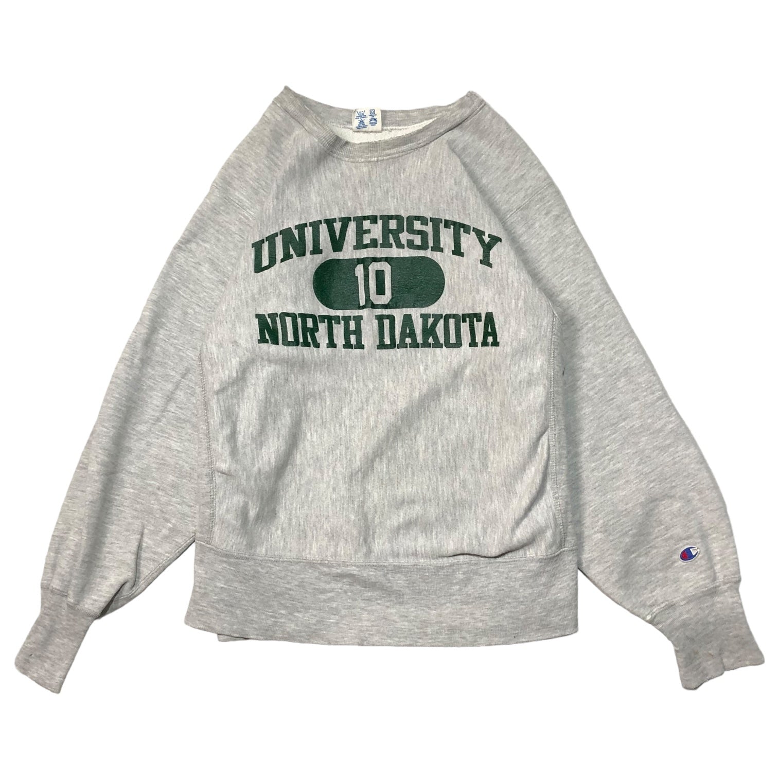 Champion(チャンピオン) 80's "UNIVERSITY NORTH DAKOTA" reverse weave リバースウィーブ スウェット カレッジ 3段 プリント M ライトグレー×グリーン 80年代 トリコタグ USA製