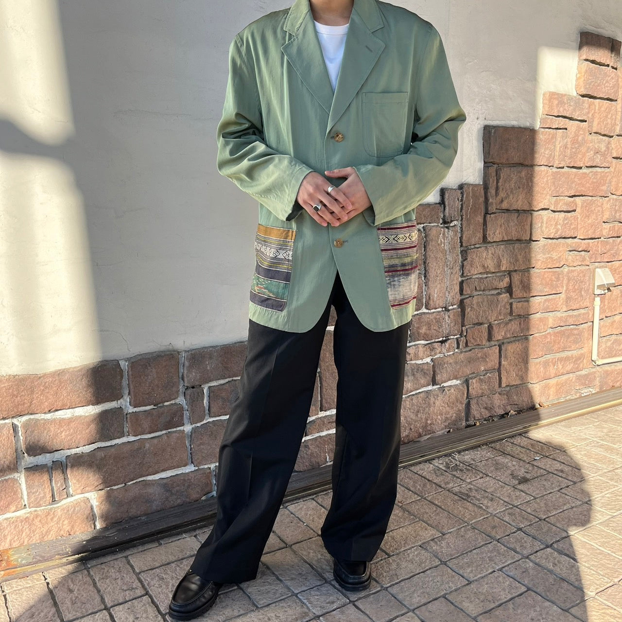 92SS エスニック期 Ethnic all silk pocket 3B jacket エスニック オール シルク ポケット 3B ジャケット PJ-110630 M カーキ AD1991 コレクションランウウェイ着用モデル