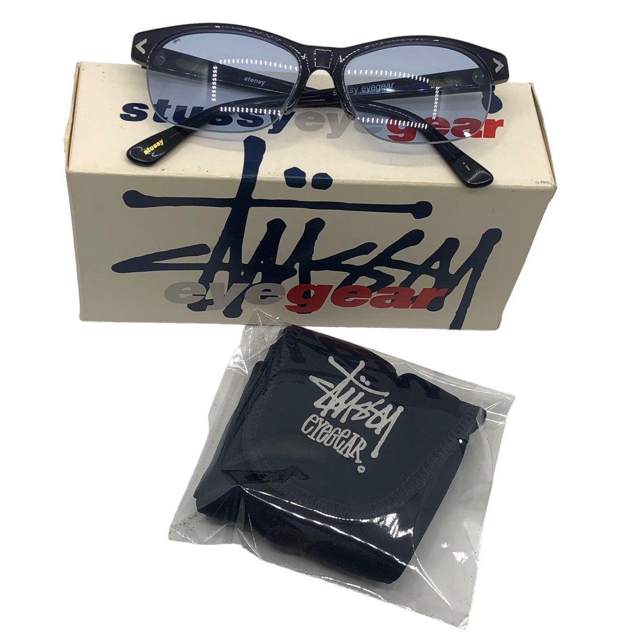 STUSSY(ステューシー) 90's "EYE GEAR" sunglasses サイド ロゴ サングラス 眼鏡 ブルーレンズ メガネ ブラック 90年代 FLORY ANTIQUE SILVER