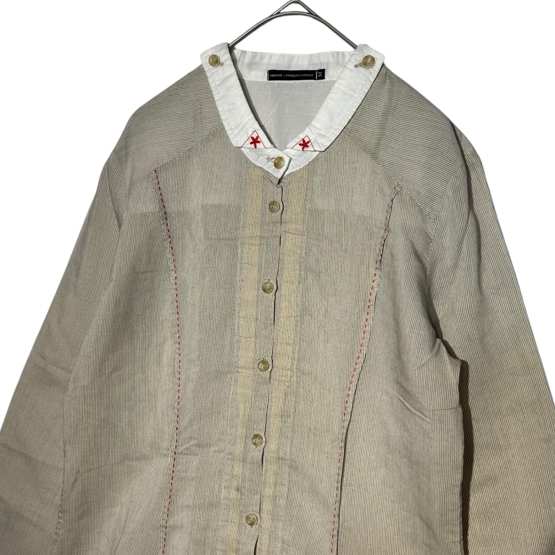 MARITHE FRANCOIS GIRBAUD(マリテフランソワジルボー) 00's Silk Cotton Red Stitching Flared Cleric Blouse 00年代 シルク コットン レッドステッチ フレア クレリック ブラウス F5-9008 M ベージュ×レッド