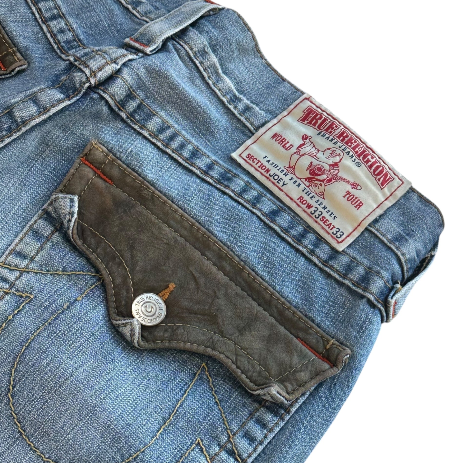 TRUE RELIGION(トゥルーレリジョン) 00's Leather Pocket Wide Flare Denim Pants レザー ポケット ワイド フレア デニム パンツ 04-803LF W33 L33 ライトインディゴ Y2K