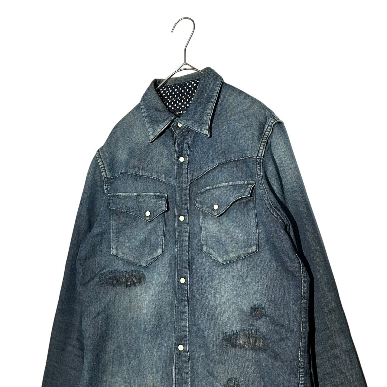 1PIU1UGUALE3(ウノピゥウノウグァーレトレ) DAMAGE SWEAT DENIM WESTERN SHIRT スウェット デニム ウエスタン シャツ MRS011 54(XL程度) インディゴ ヴィンテージ加工