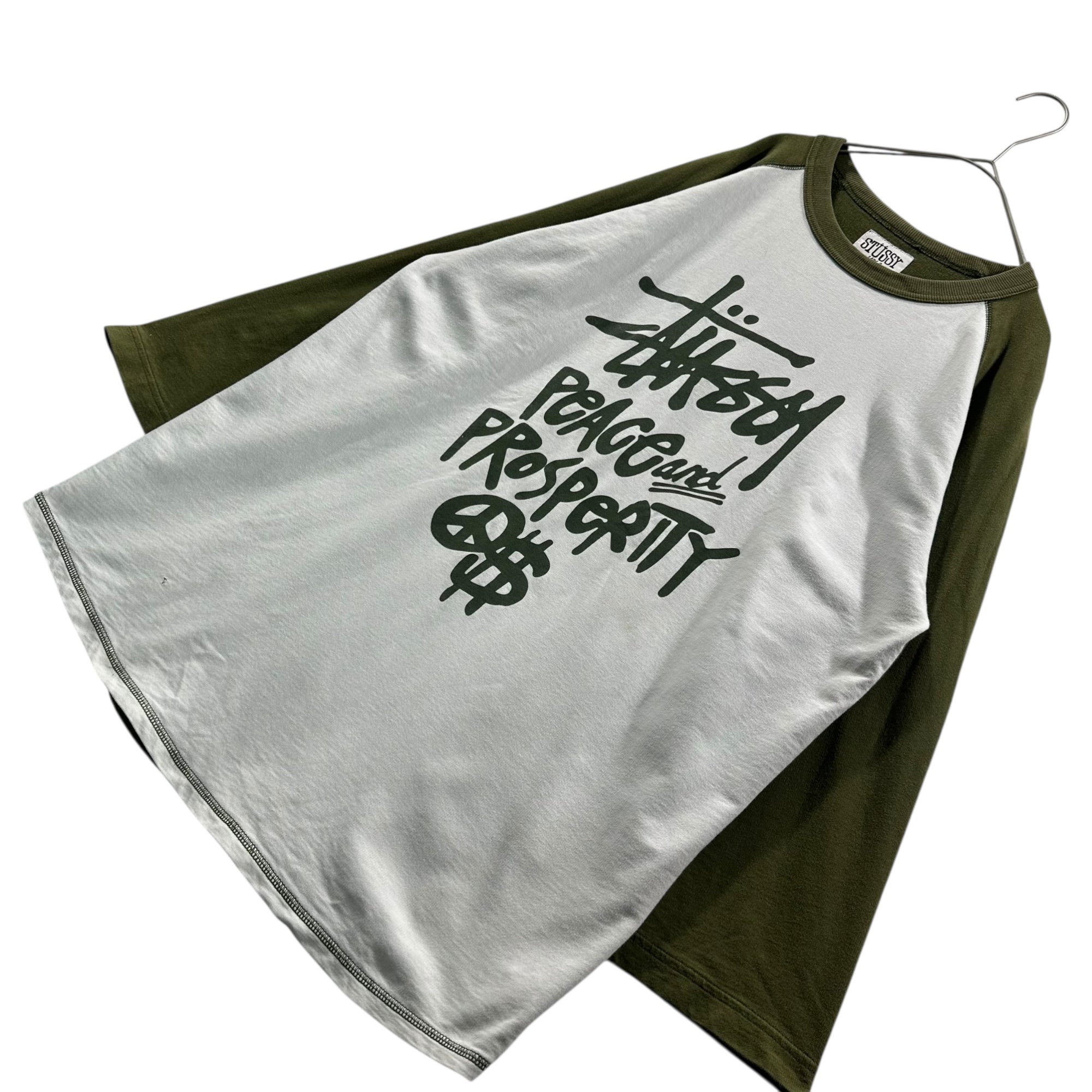 STUSSY(ステューシー) PEACE and PROSPeRITY Raglan long sleeve top ラグラン 長袖 カットソー CA 26629 501 表記無(L程度) ホワイト×カーキ