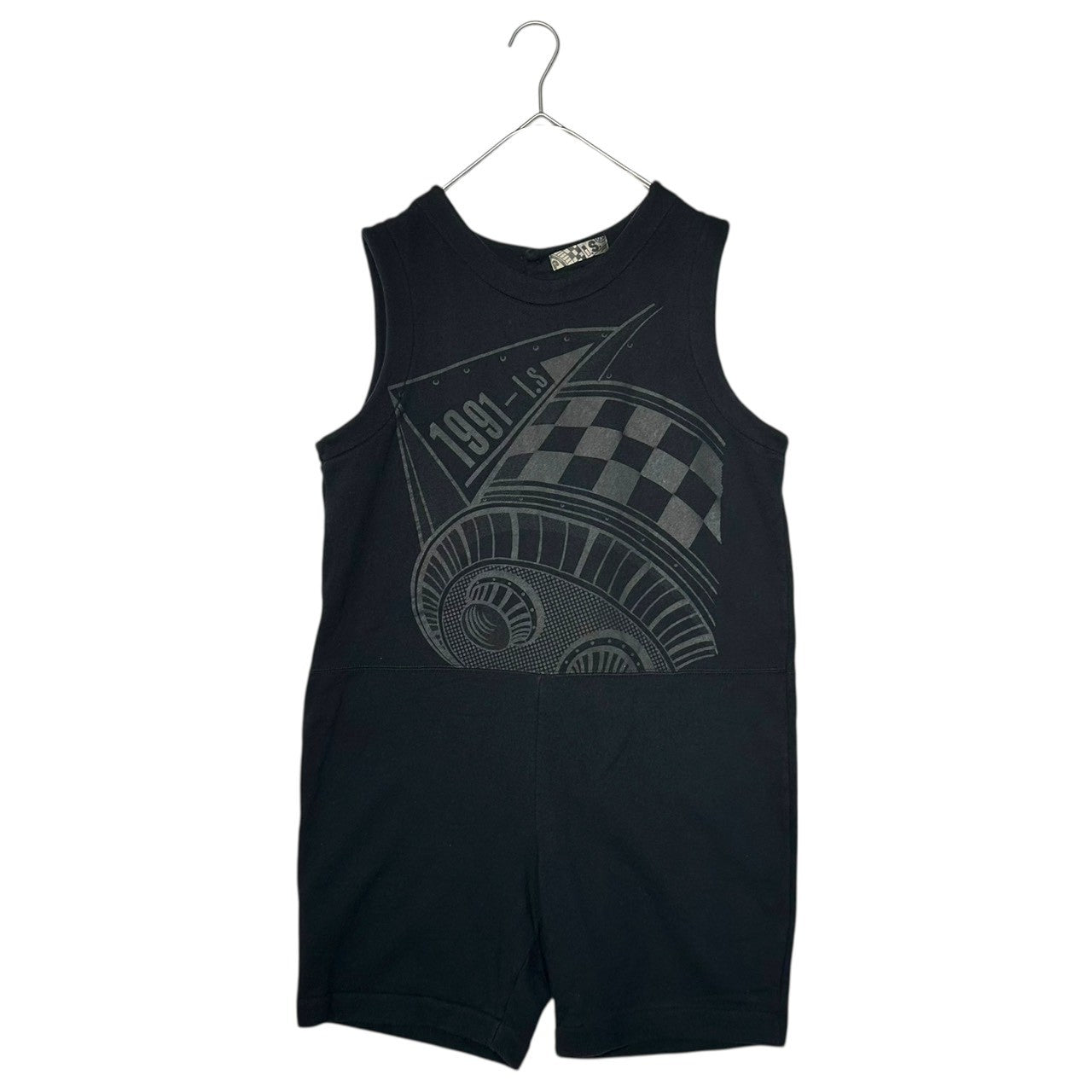 i.s. ISSEY MIYAKE(アイエス イッセイミヤケ) 1991 checkered flag Graphic Print Sleeveless Jumpsuit チェッカー フラッグ グラフィック プリント ノースリーブ ジャンプスーツ IS13-JI003 M ブラック 90's 90年代 アーカイブ サロペット つなぎ オールインワン