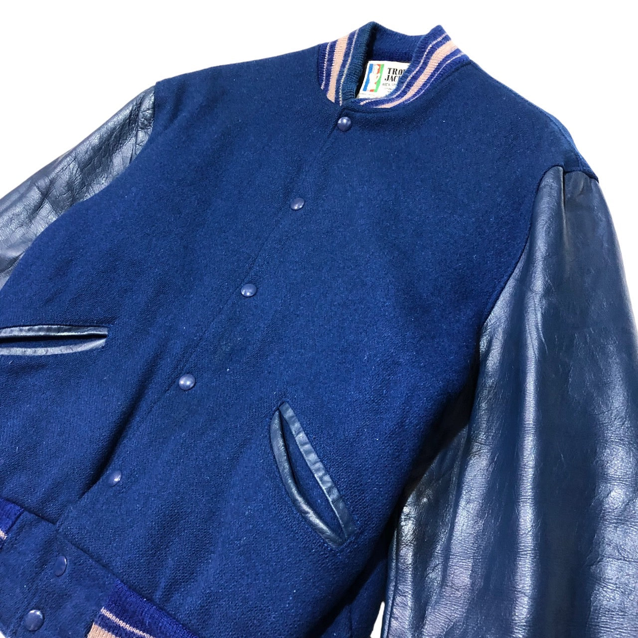 TROPHY JACKETS (トロフィージャケット) 80's~90's ヴィンテージ袖レザースタジャン/ジャケット/ブルゾン Mサイズ程度 ダークネイビー×ブルー USA製/80年代~90年代