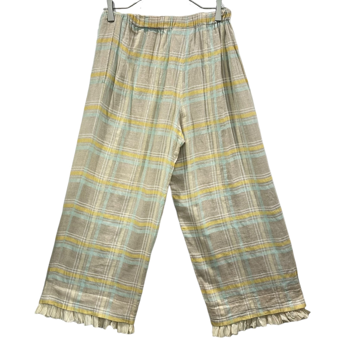 robe de chambre COMME des GARCONS(ローブドシャンブルコムデギャルソン) 2000SS Checked-Linen Pants with Ruffled Hem 裾 フリル 装飾 チェック リネン パンツ RP-100210 FREE ベージュ×ブルー×イエロー AD1999 00s アーカイブ 男性着用可能