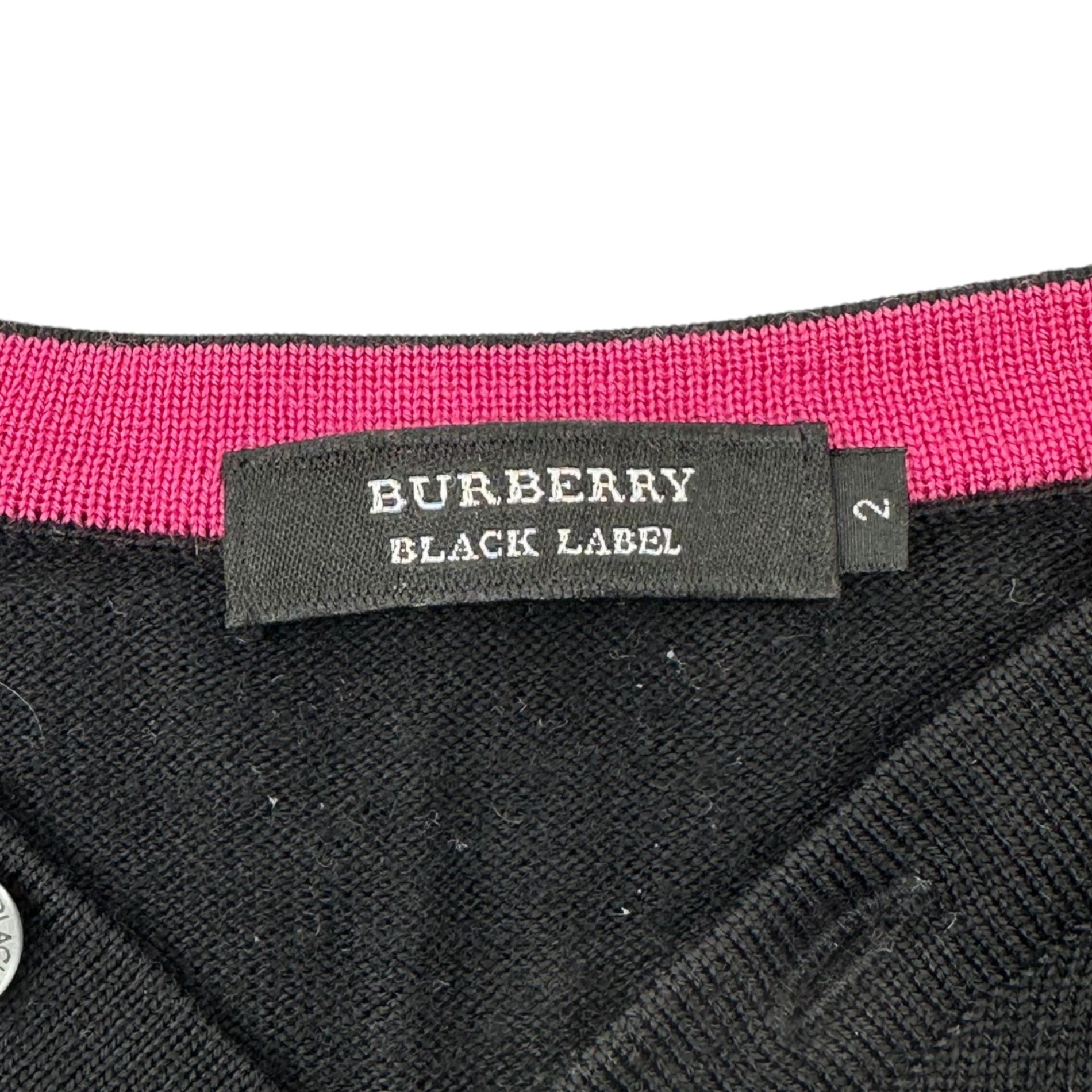 BURBERRY BLACK LABEL(バーバリーブラックレーベル) ホースロゴ刺繍 ヘンリーネック ウール ニット BMT73-305-09 2(M程度) ブラック×ピンク