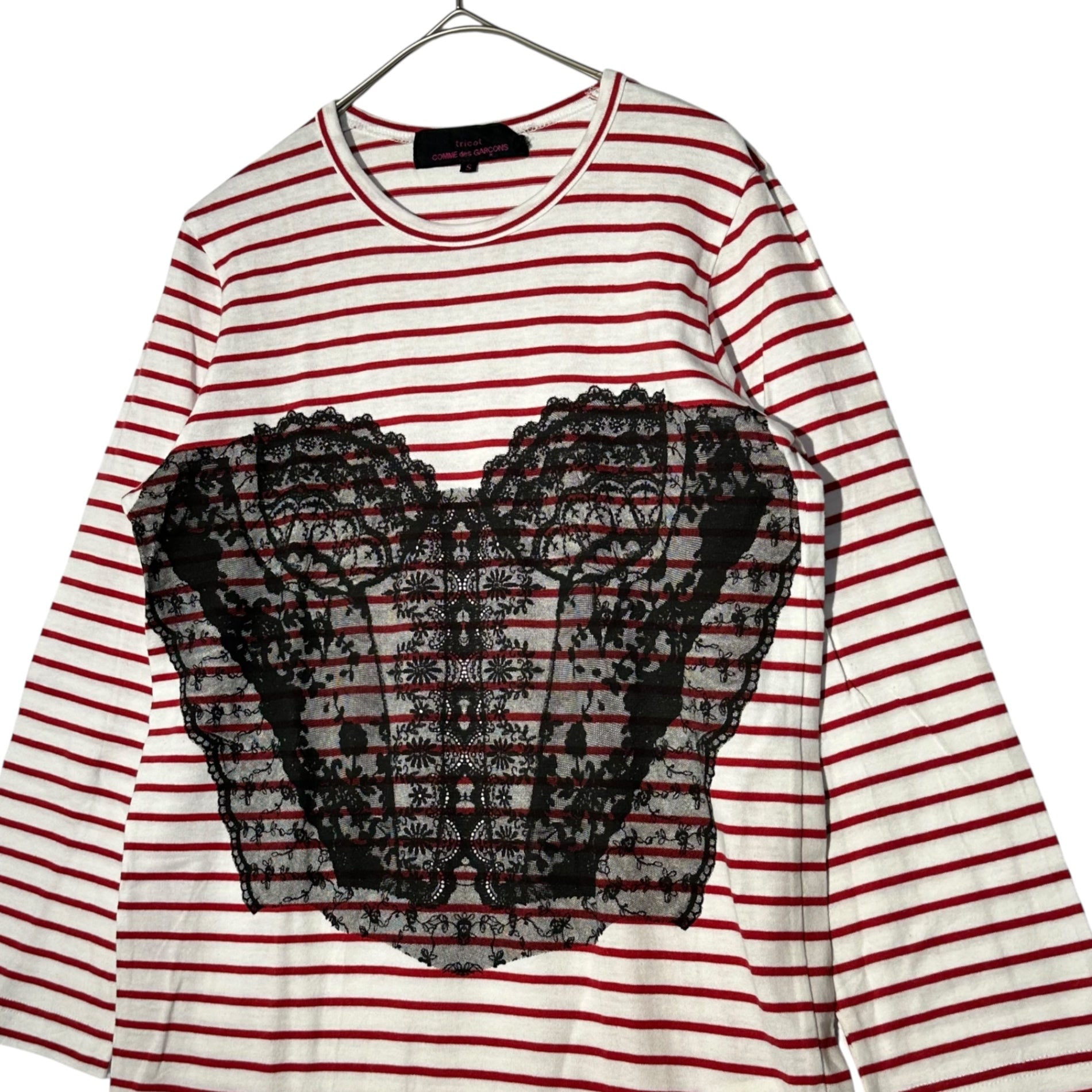 tricot COMME des GARCONS(トリココムデギャルソン) 11AW Lace Heart Print Border L/S T-Shirt レース ハート プリント ボーダー 長袖 Tシャツ TH-T213 S ホワイト×レッド AD2011