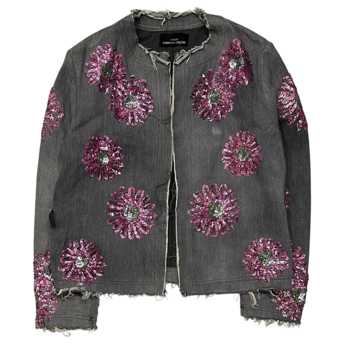 tricot COMME des GARCONS(トリココムデギャルソン) 2001AW Floral sequin collarless denim jacket フラワー スパンコール デニム ノーカラー ジャケット TC-J003 S グレー×ピンク AD2001 00's