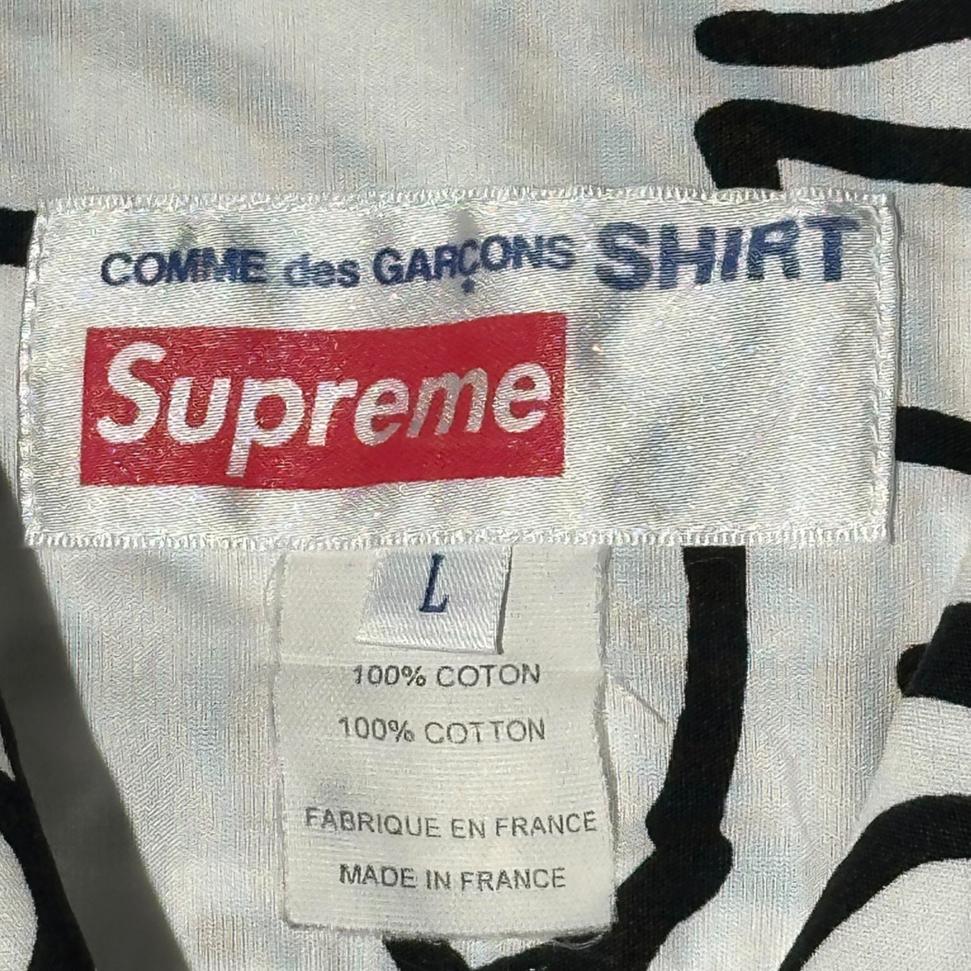 Supreme×COMME des GARCONS SHIRT(シュプリーム×コムデギャルソンシャツ) 18AW Graphic S/S Shirt コムデギャルソンシャツ グラフィック ジップアップ 半袖 シャツ S1FW18 L ホワイト×ブラック 18FW コラボアイテム