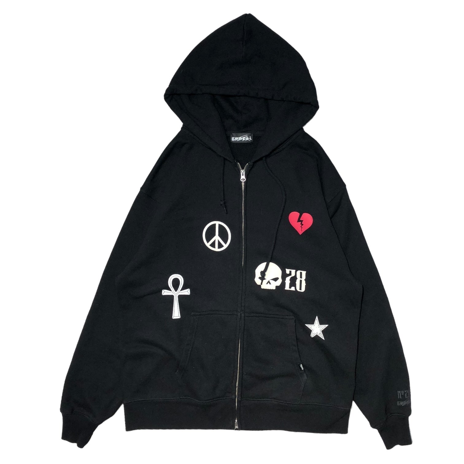 genzai(ゲンザイ) who28 genzai Zip Hoodie ワッペン ジップ パーカー XL ブラック 完売品 ハート ドクロ