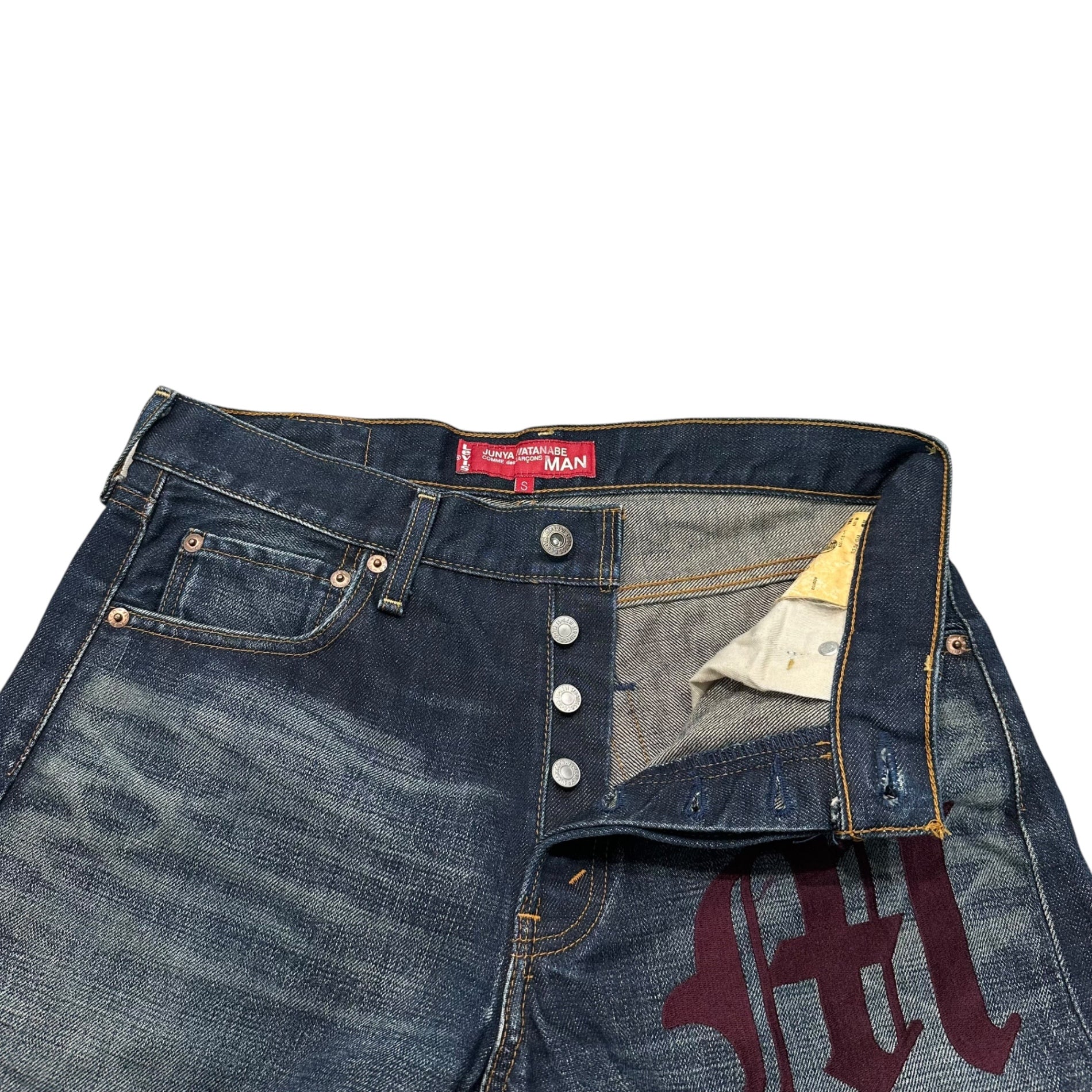 COMME des GARCONS JUNYA WATANABE MAN × Levi's(コムデギャルソンジュンヤワタナベマン × リーバイス) Embroidered Denim Pants 刺繍 デニム パンツ WG-P003 S インディゴ×パープル AD2002 00s アーカイブ