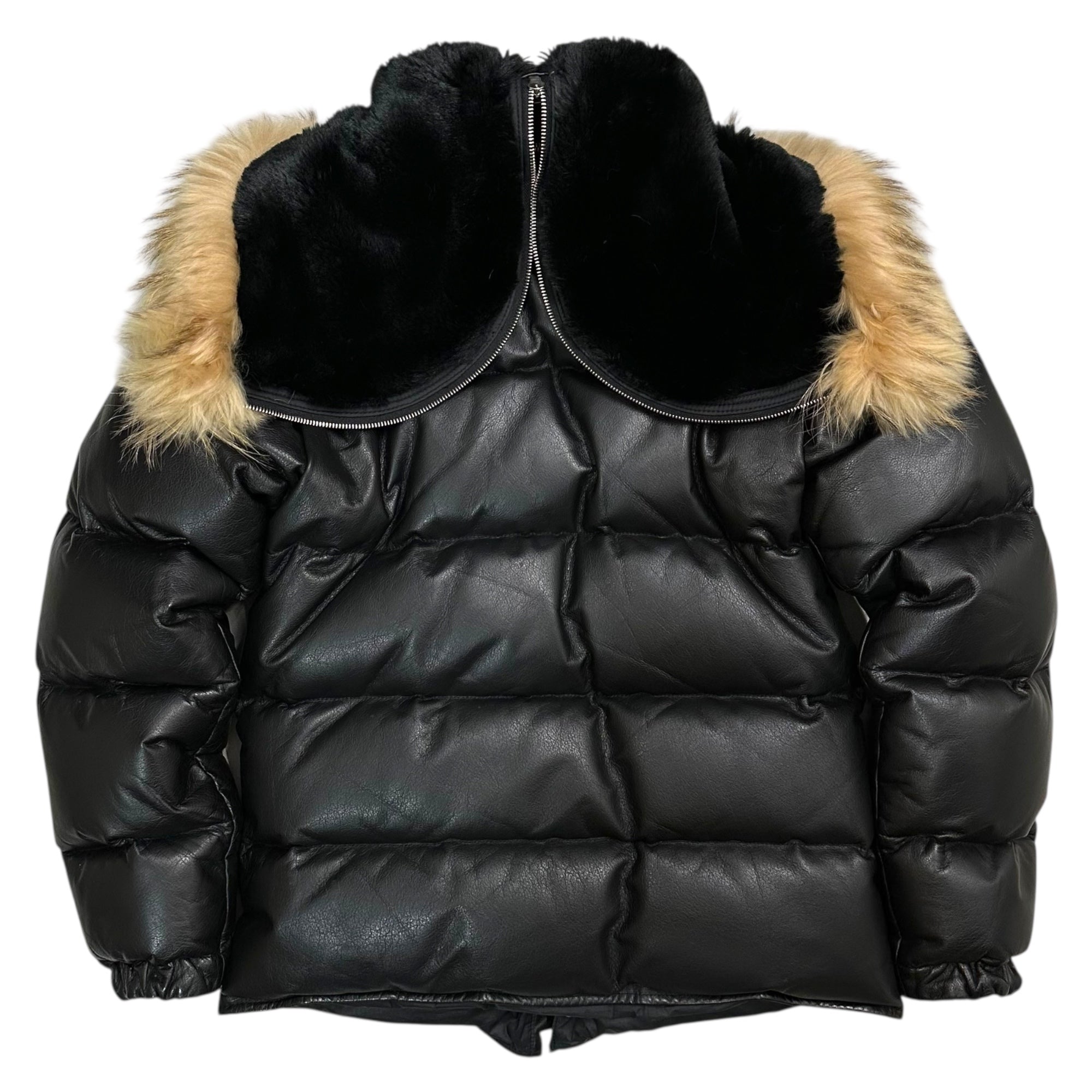 A BATHING APE(アベイシングエイプ) 00's Racoon Fur Embellished Cow Leather Down Jacket ラクーン ファー 装飾 カウレザー ダウン ジャケット S ブラック×ベージュ
