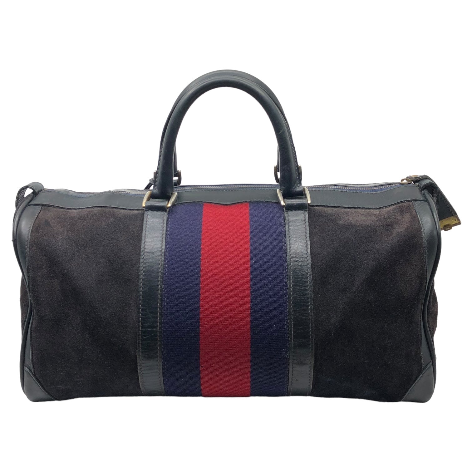 GUCCI(グッチ) 80's vintage suede boston bag ヴィンテージ スウェード ボストン バッグ シェリーライン ブラック×レッド×ネイビー OLD ハンド