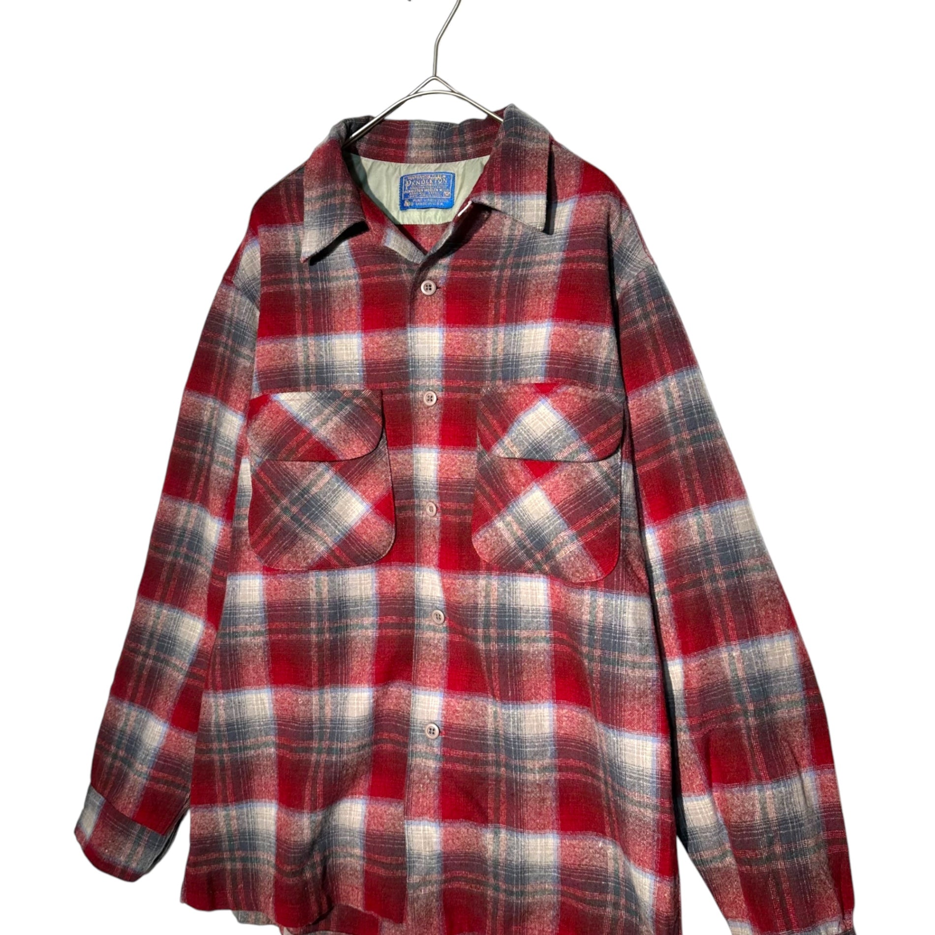 PENDLETON(ペンドルトン) 70's USA made Wool Check Flannel Shirt オープンカラー ウール チェック フランネル シャツ M レッド×グレー 70年代 ヴィンテージ 開襟