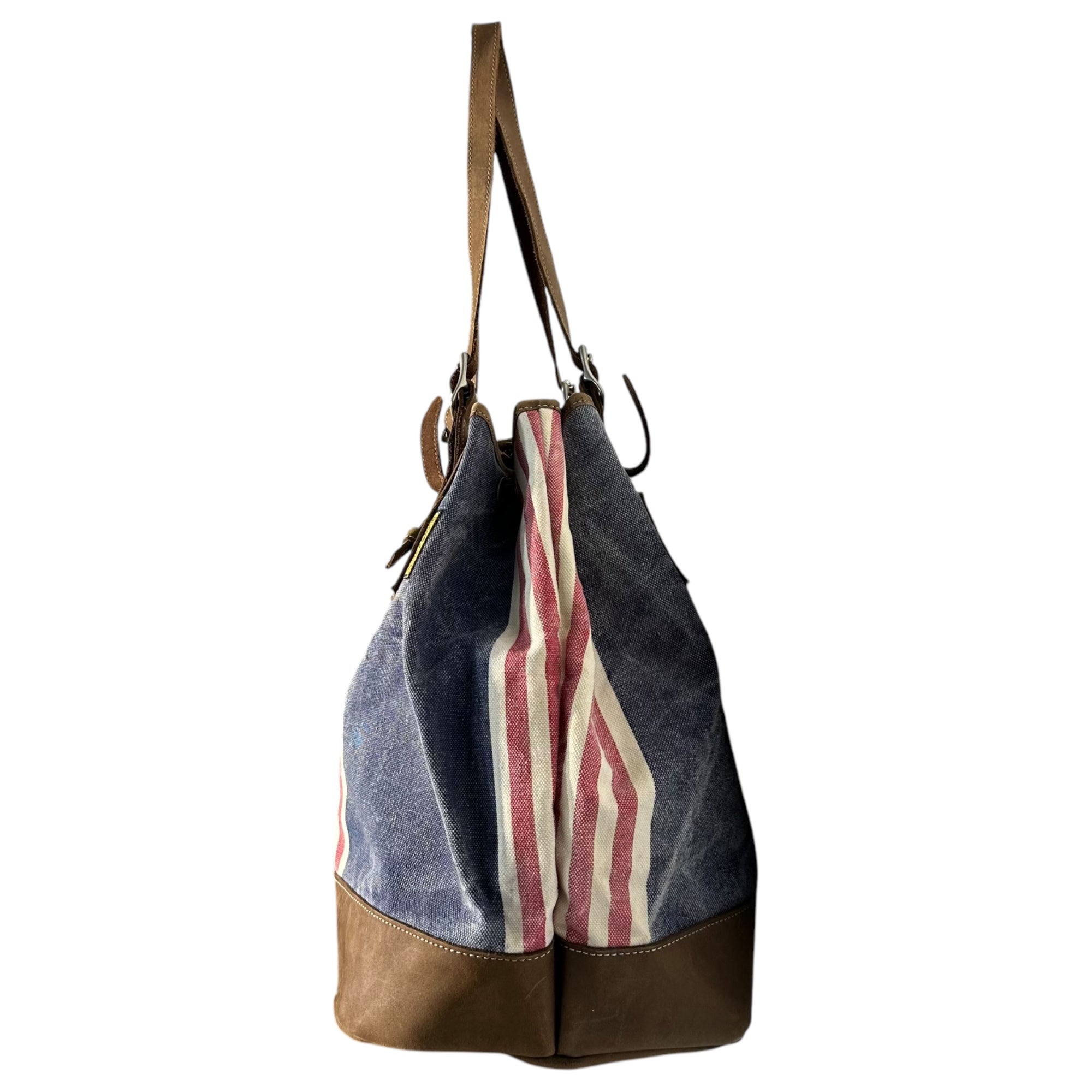 ARMANI JEANS(アルマーニジーンズ) Flag Motif Canvas Leather Tote Bag アメリカ国旗 モチーフ キャンバス レザー トート バッグ ネイビー×ブラウン