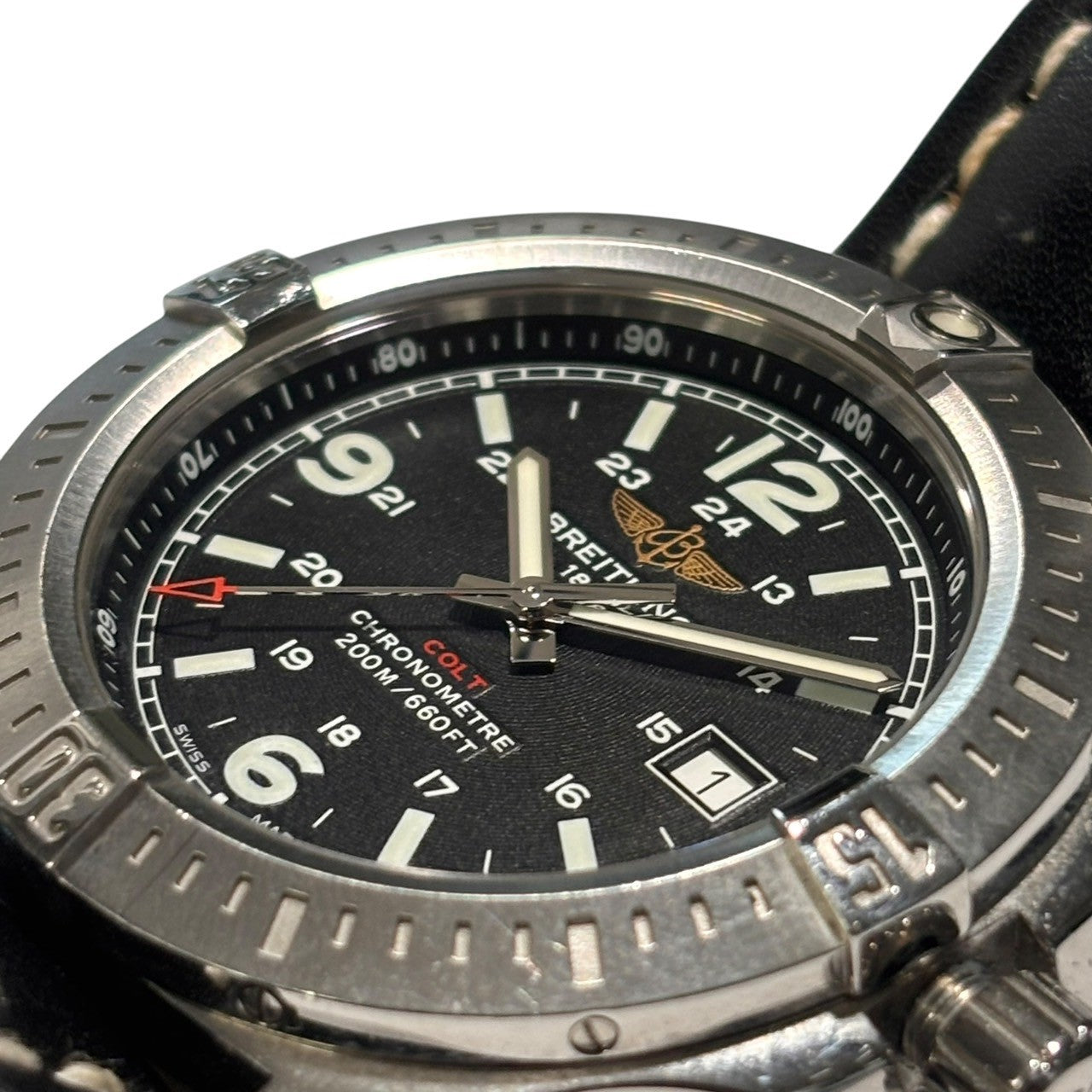 BREITLING(ブライトリング) COLT date quartz コルト デイト クオーツ 腕時計 A74388 ブラック 本体のみ 純正レザーブレスレット レザー ベルト ウォッチ