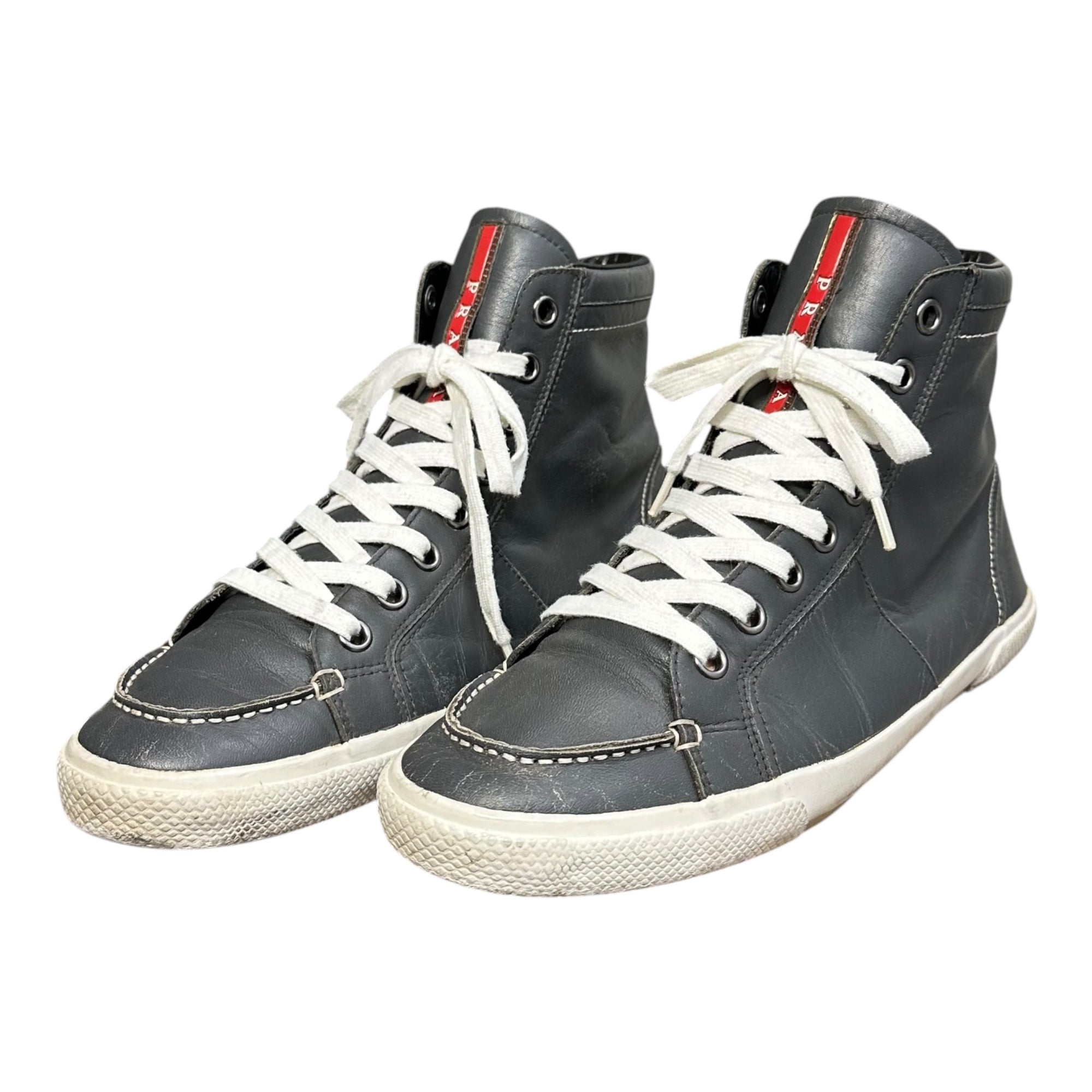 PRADA(プラダ) High-Top Leather Sneakers with Heel Triangle Logo