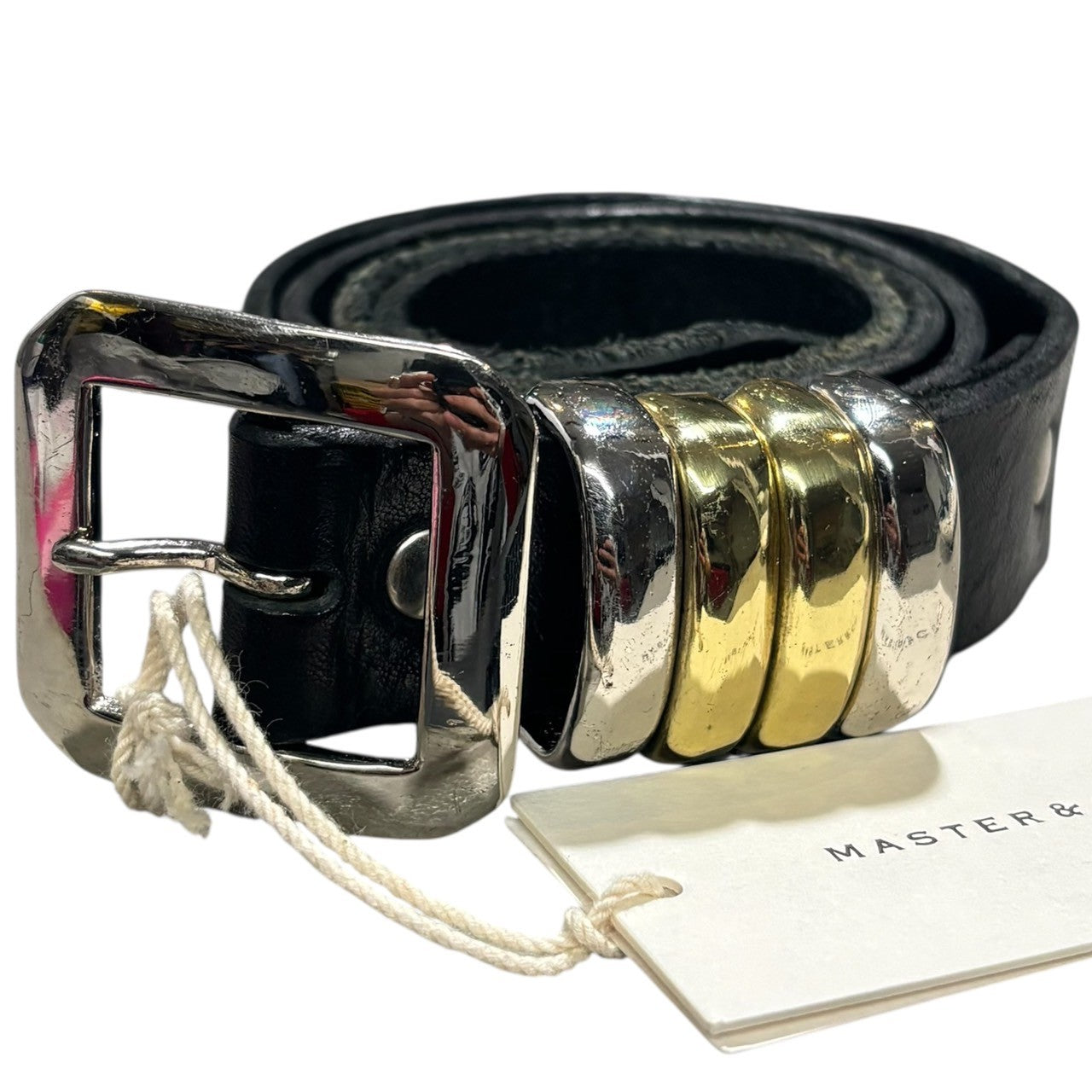 MASTER & Co.× Amanojak(マスターアンドコー × アマノジャク) Insulted Brass 4 Loop Square Buckle Belt 侮れ ブラス 4ループ スクエア バックル ベルト MC1354AJ 30 ブラック×ゴールド×シルバー 別注アイテム