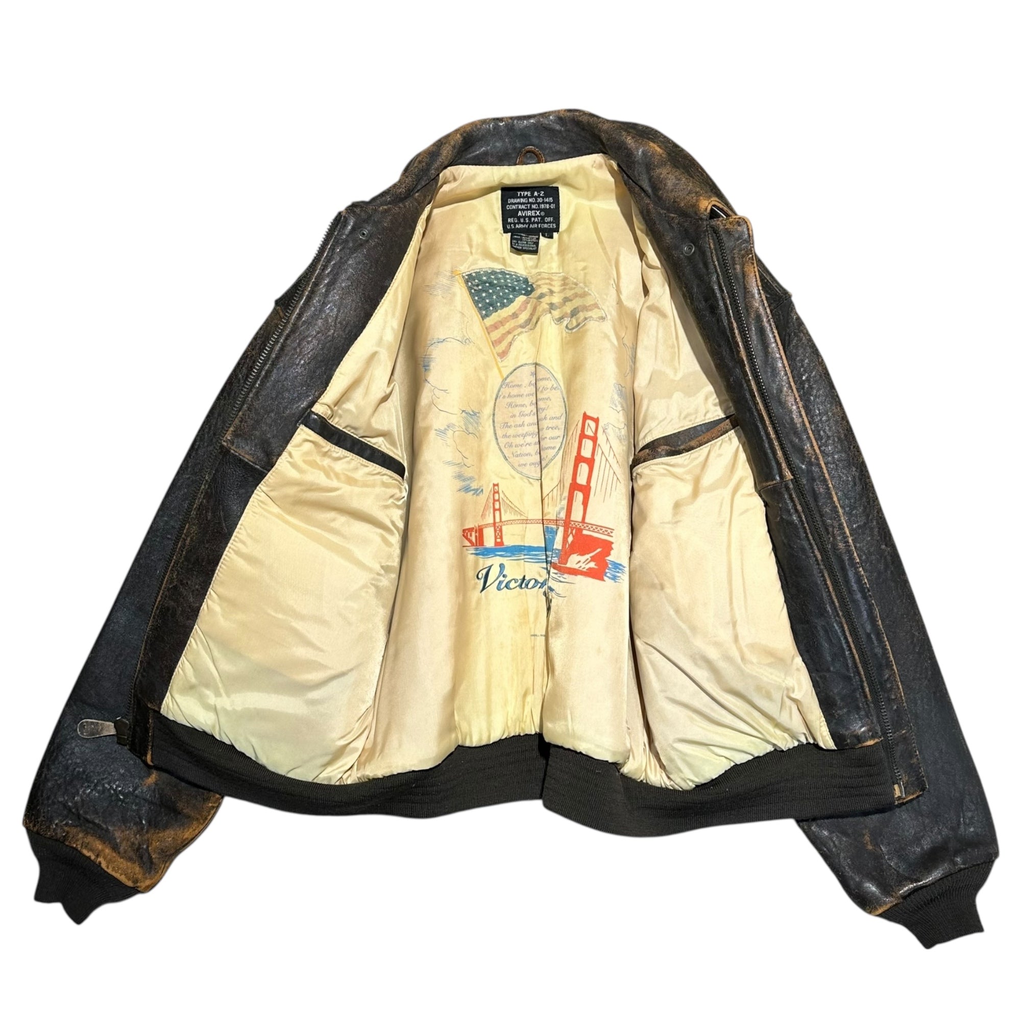 AVIREX(アヴィレックス) 90's A-2 LEATHER FLIGHT JACKET ガール バックペイント レザー フライト ジャケット L ブラウン 90年代 ヴィンテージ ミリタリー Victory 1945