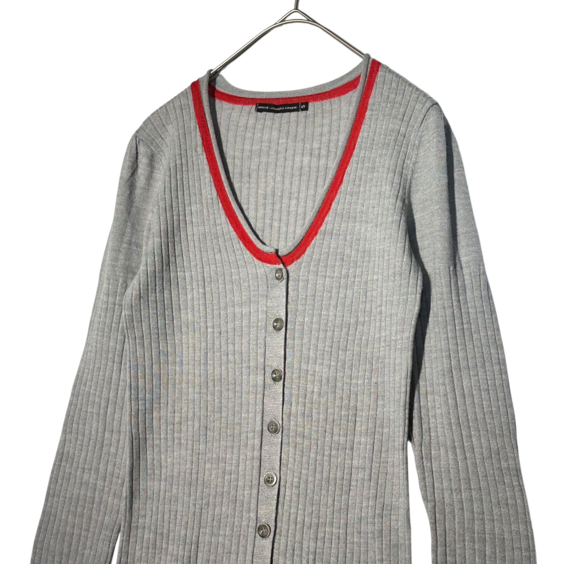 MARITHE FRANCOIS GIRBAUD(マリテフランソワジルボー) 00's Hem Design Ruffled Knit Ribbed Cardigan 裾デザイン フリル ニット リブ カーディガン F7-8004 S グレー×レッド Y2K