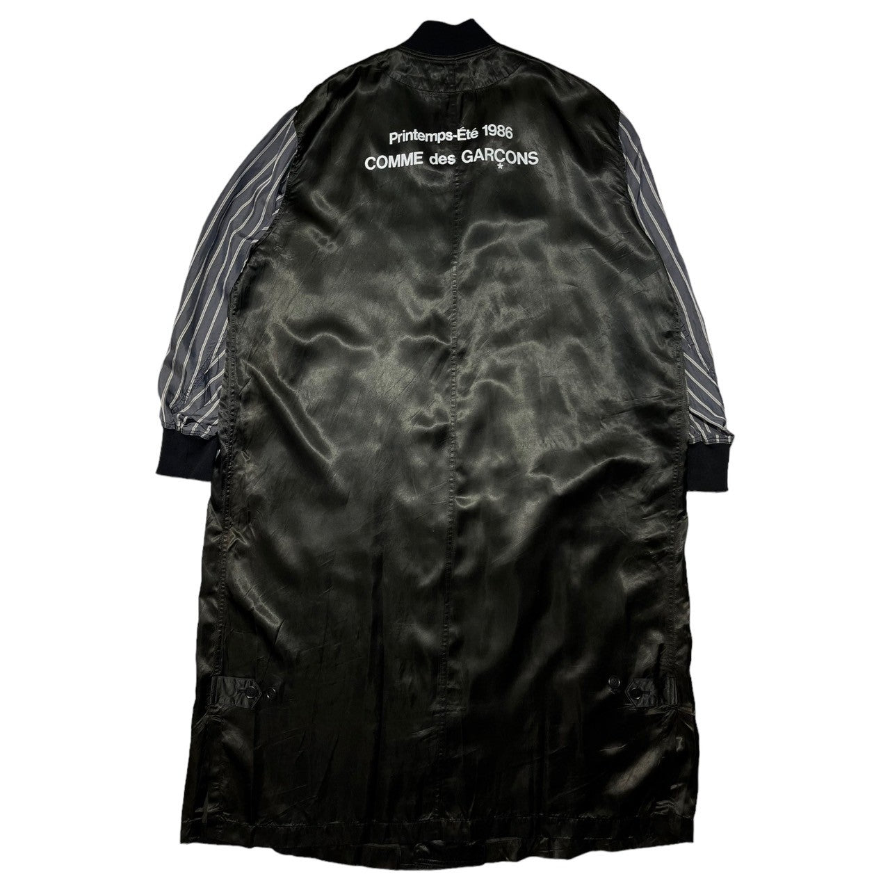 COMME des GARCONS(コムデギャルソン) 1986SS ”Printemp-Été 1986”Archive Staff Coat オリジナル スタッコ コート 表記無し(FREE) ブラック×ネイビー アーカイブ 袖ストライプ バックプリント 80s 80年代 本人期