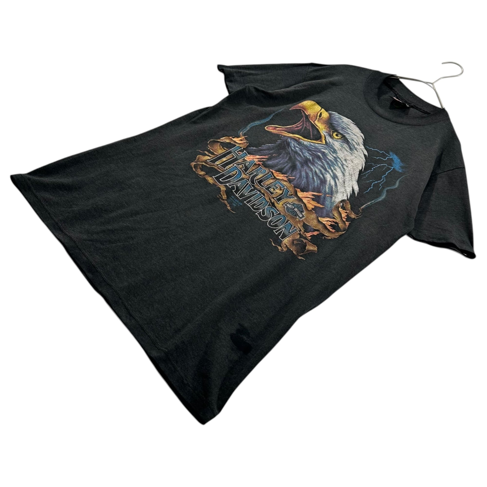HARLEY DAVIDSON(ハーレーダビッドソン) 1990 © 3D EMBLEM TEE 鷹 稲妻 プリント Tシャツ M ブラック 90's 90年代 ヴィンテージ カタ サンダー 雷
