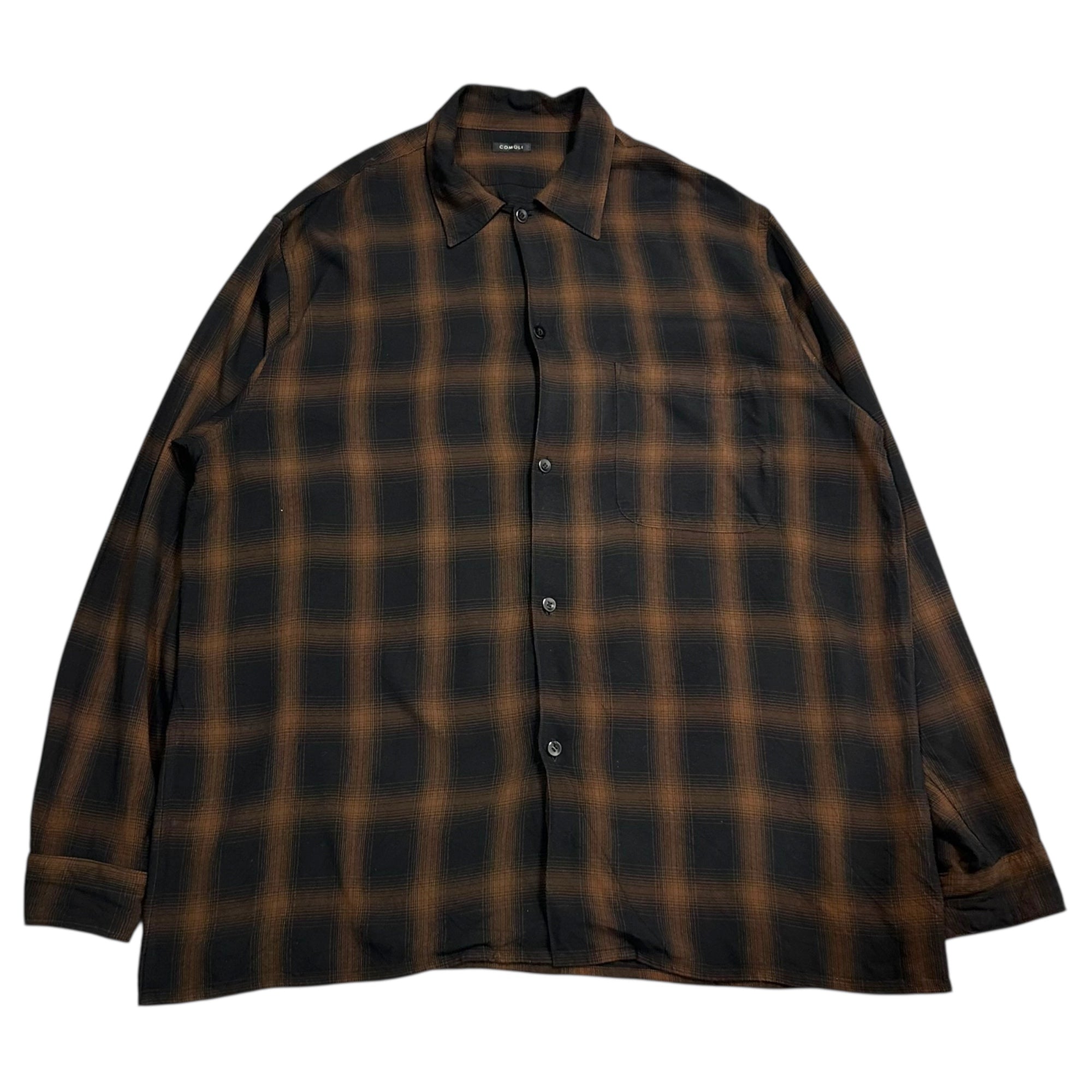 COMOLI(コモリ) 24SS Rayon open collar shirt レーヨン オープン カラー シャツ Z01-02005 2 ブラウン× 長袖 オンブレ チェック