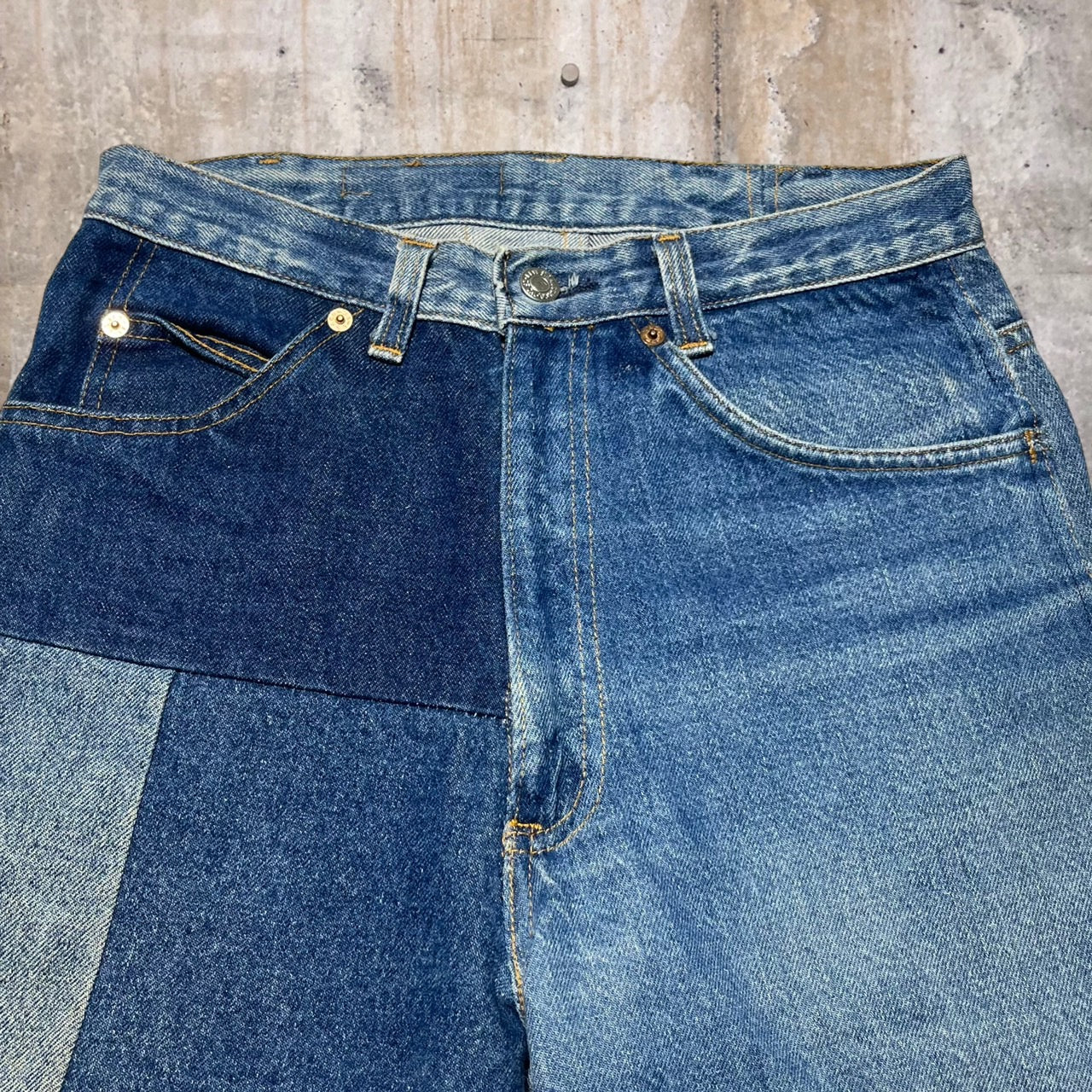Levi's(リーバイス) 70~80's再構築デニムパンツ/リメイクデニムパンツ/パッチワーク W28程度 ブルー 裏ボタン524 紙タグ