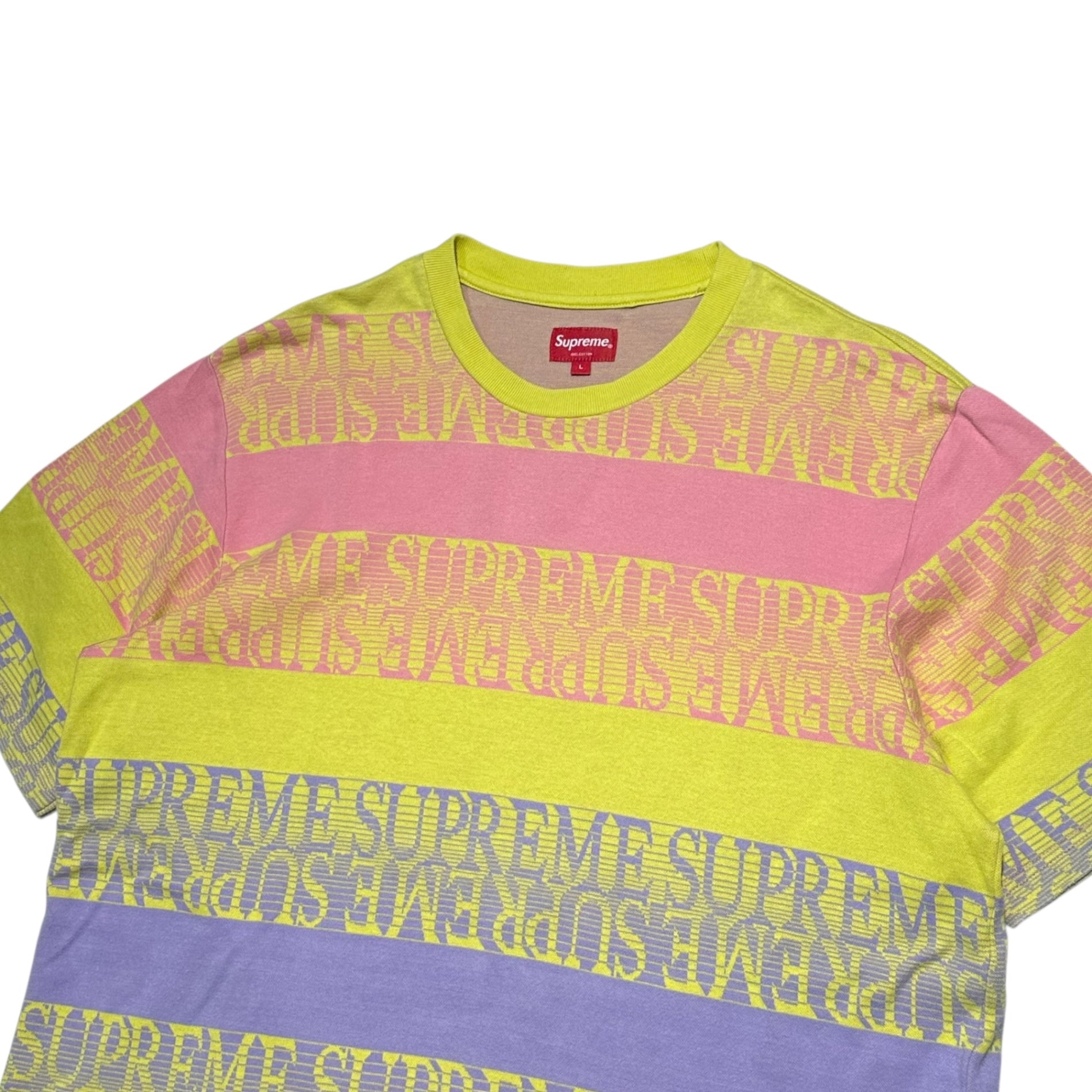 SUPREME(シュプリーム) 19SS Text Stripe Jacquard S/S Top テキスト ボーダー ジャガード Tシャツ L イエロー×ピンク×パープル