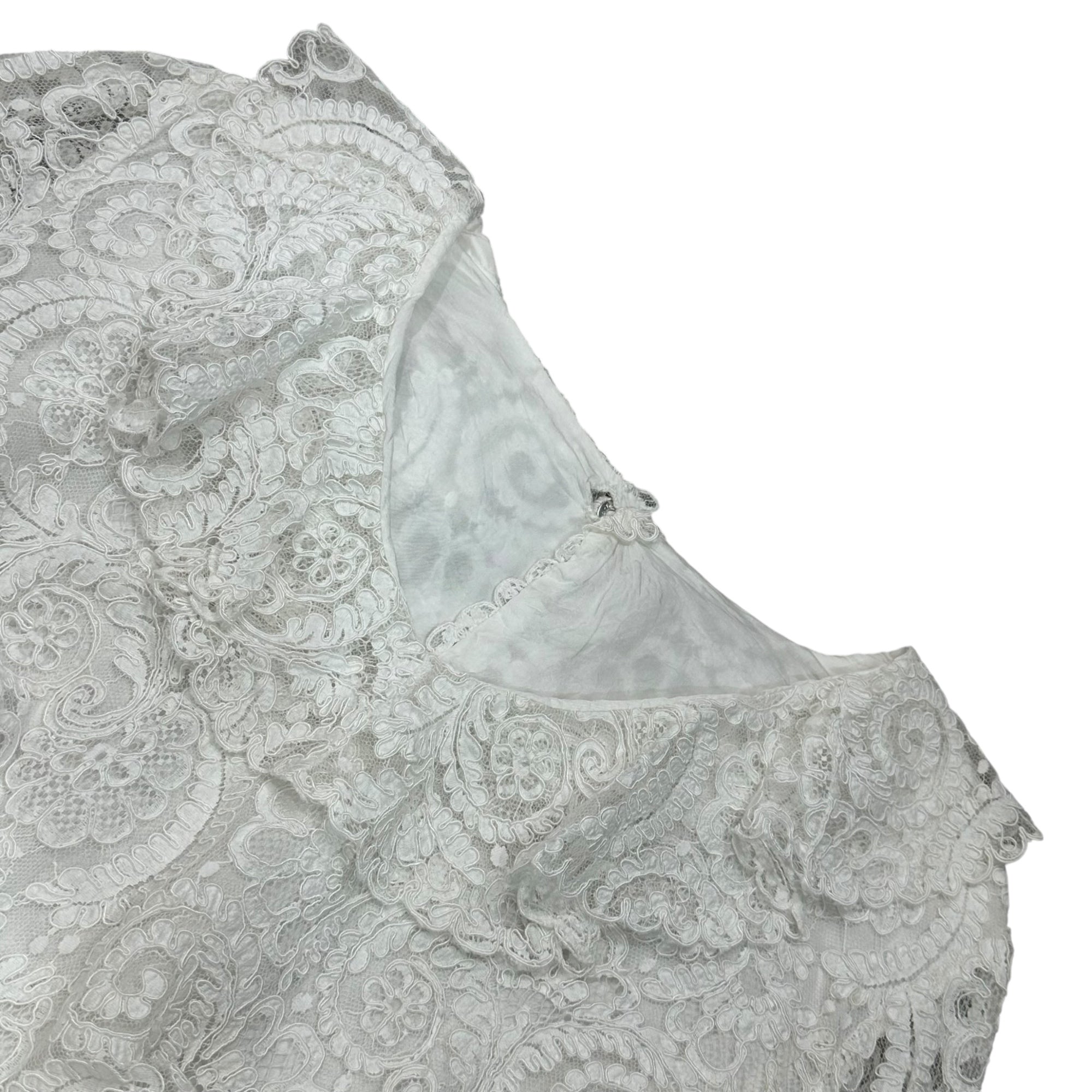Euro vintage(ヨーロッパヴィンテージ) 70's~ full floral lace v-neck big collar white blouse フローラル総柄レースと大きな襟のVネックブラウス 46(Lサイズ程度)/若干のほつれ有 ホワイト