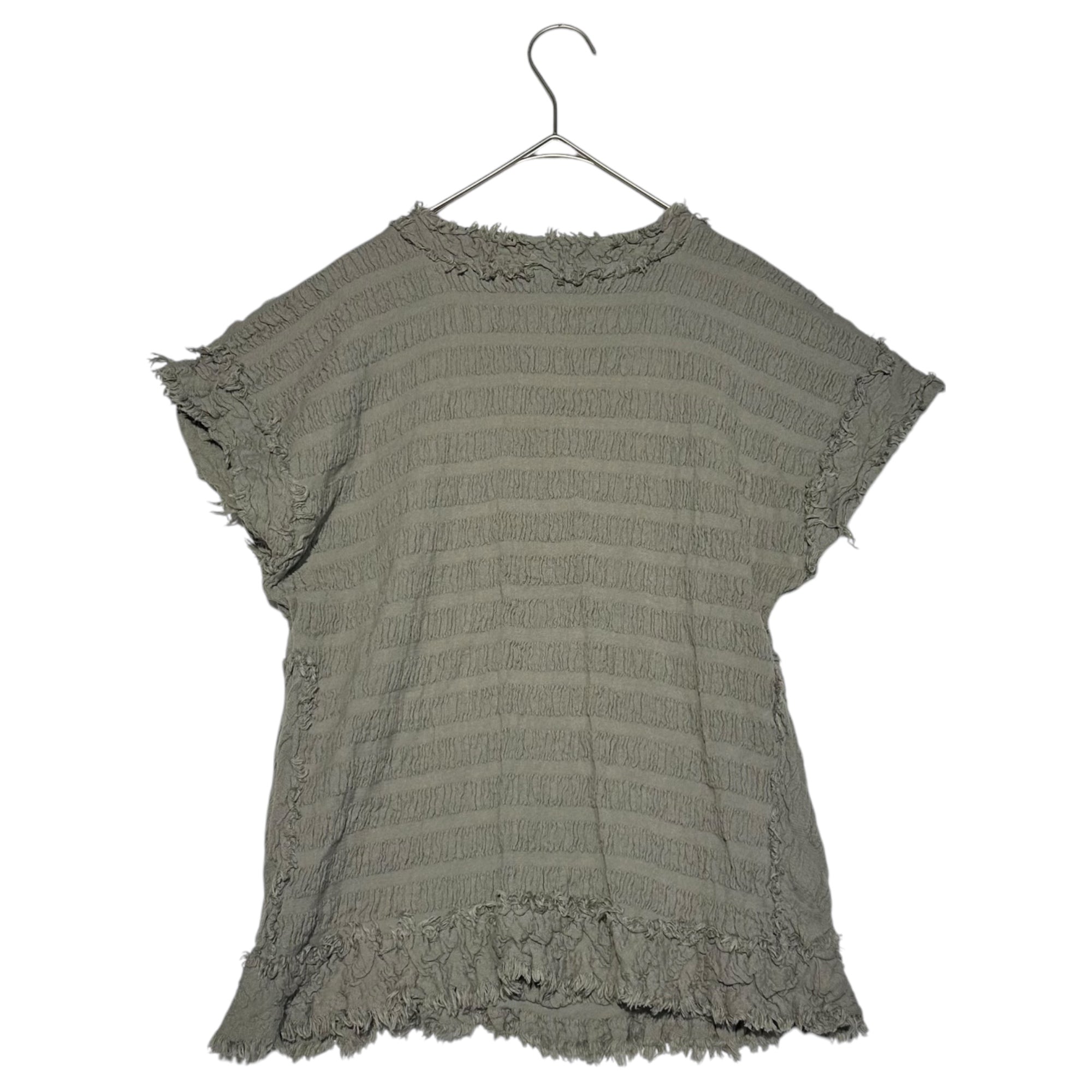 me ISSEY MIYAKE(ミーイッセイミヤケ) pleated border fringe short sleeve cut and sew プリーツ ボーダー フリンジ 半袖 カットソー MI62FK352 FREE グレー