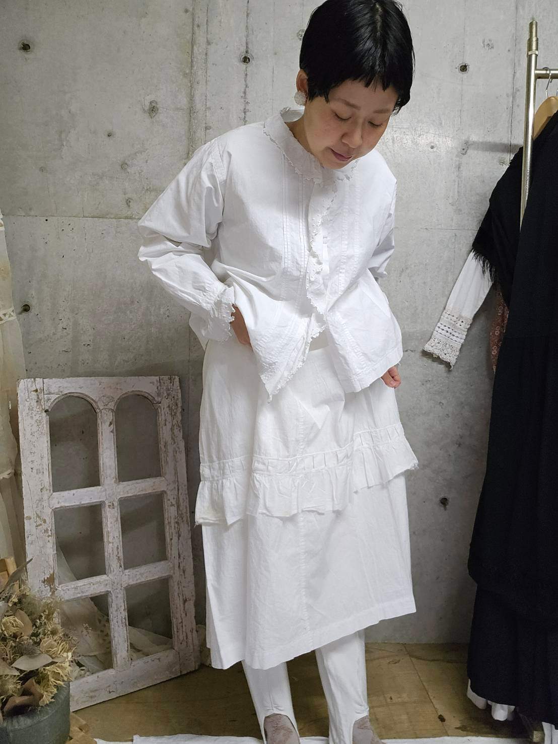 Euro Vintage(ヨーロッパヴィンテージ) Grain_20's ~french cotton clooney lace gathered blouse/フレンチコットン刺繍ギャザーブラウス 表記なし(Lサイズ程度) ホワイト